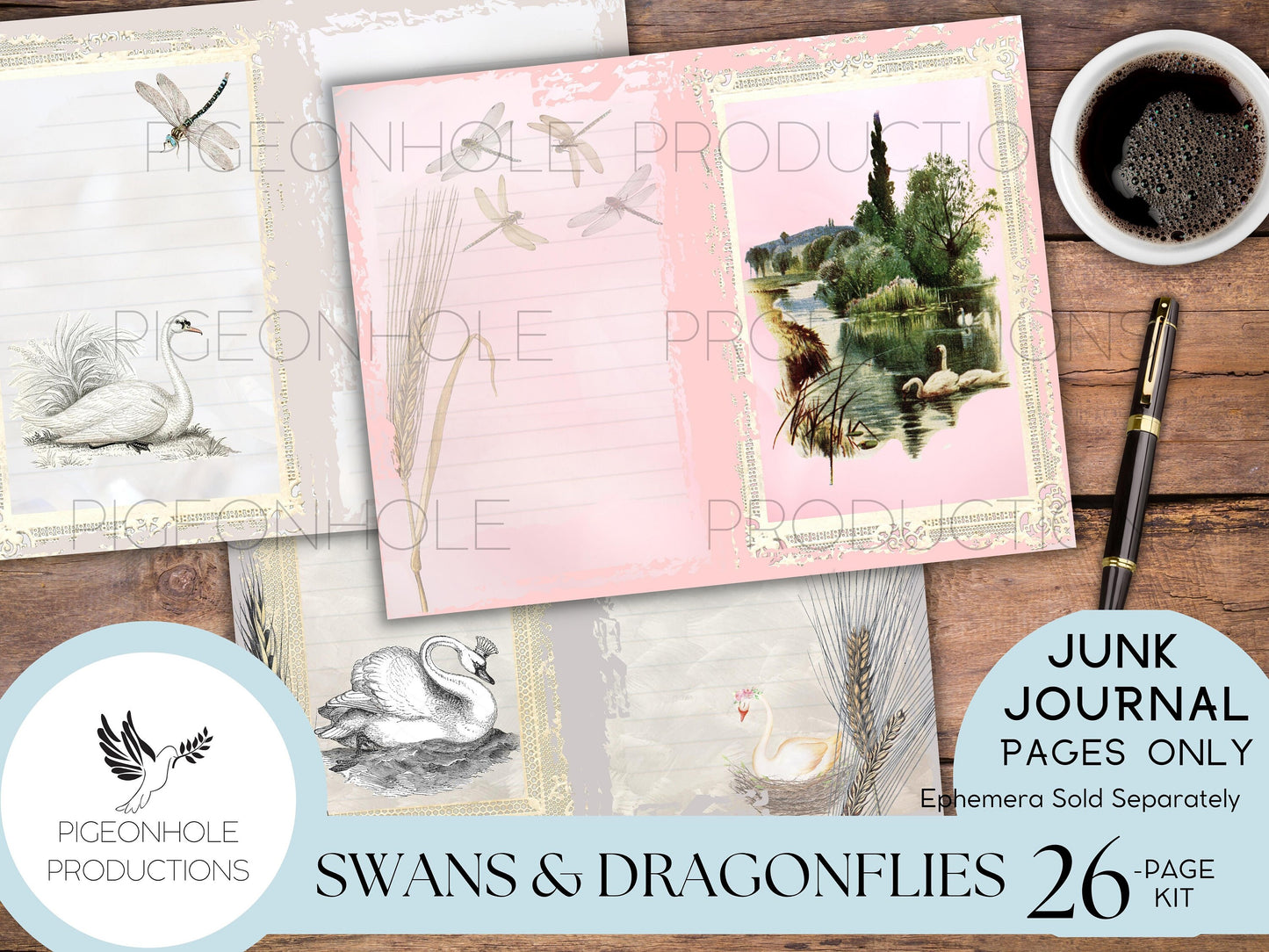 Swans & Dragonflies Junk Journal Kit—PRINTABLE—26 pages—beautiful swans, cygnets, dragonflies, flowers—lots of journaling space—pastels