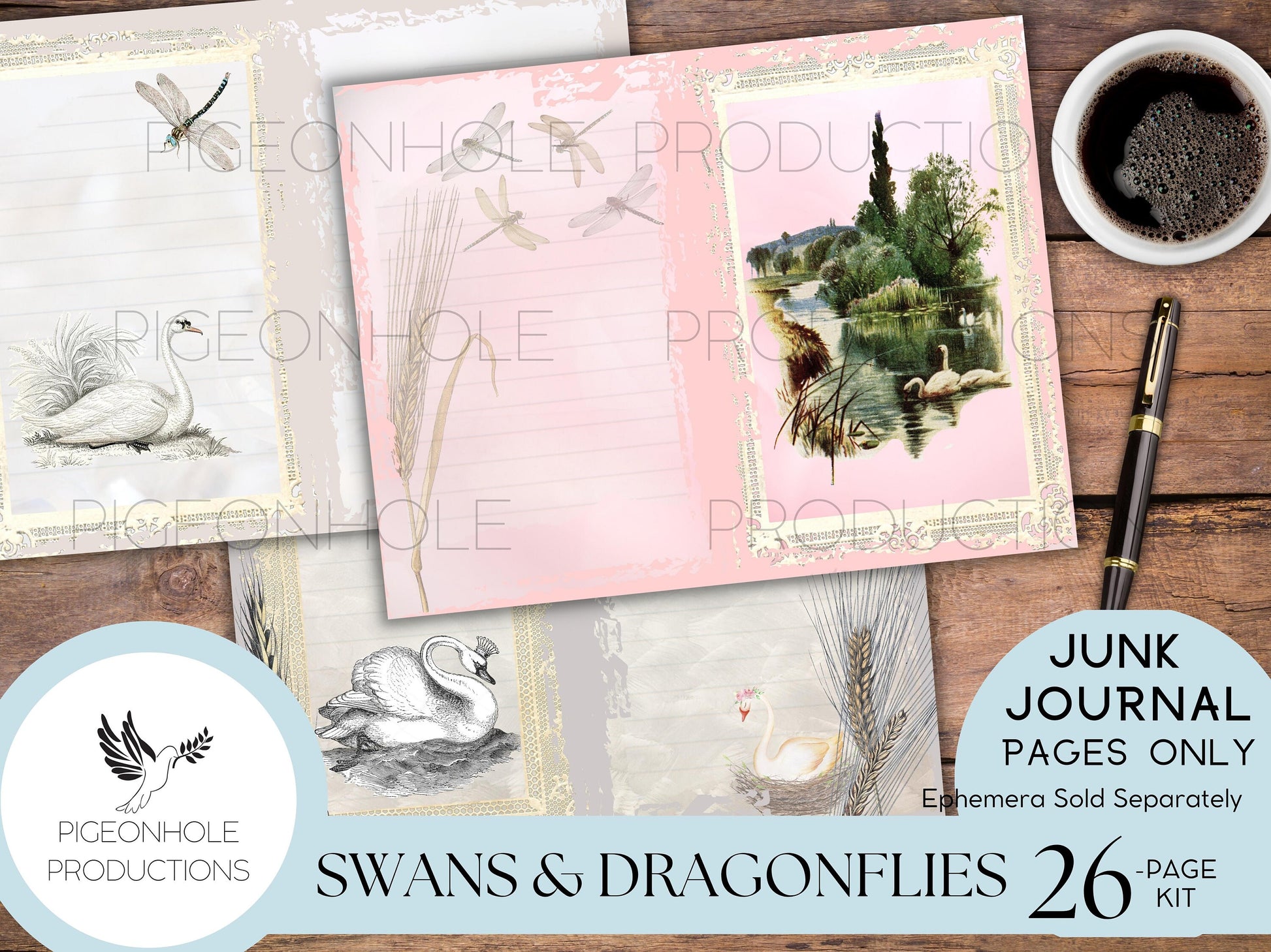 Swans & Dragonflies Junk Journal Kit—PRINTABLE—26 pages—beautiful swans, cygnets, dragonflies, flowers—lots of journaling space—pastels