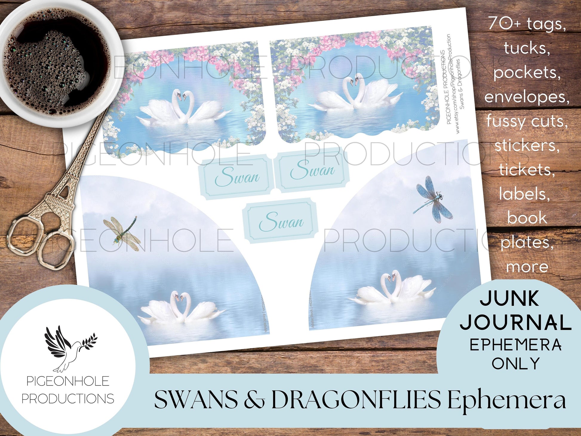 Swans & Dragonflies Junk Journal EPHEMERA—PRINTABLE—70+ tags, tucks, pockets, envelopes, fussy cuts, stickers, tickets, labels, book plates