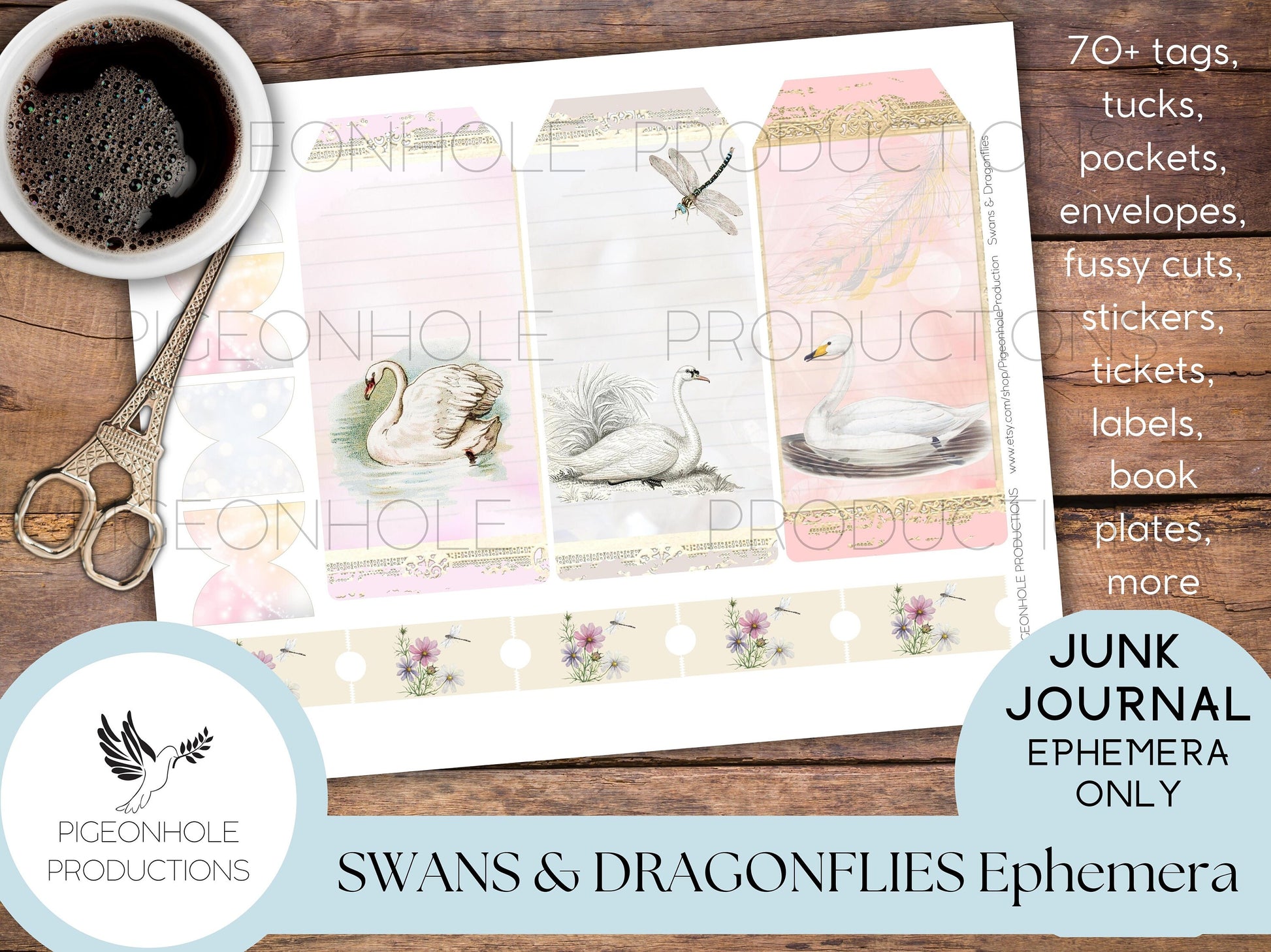 Swans & Dragonflies Junk Journal EPHEMERA—PRINTABLE—70+ tags, tucks, pockets, envelopes, fussy cuts, stickers, tickets, labels, book plates