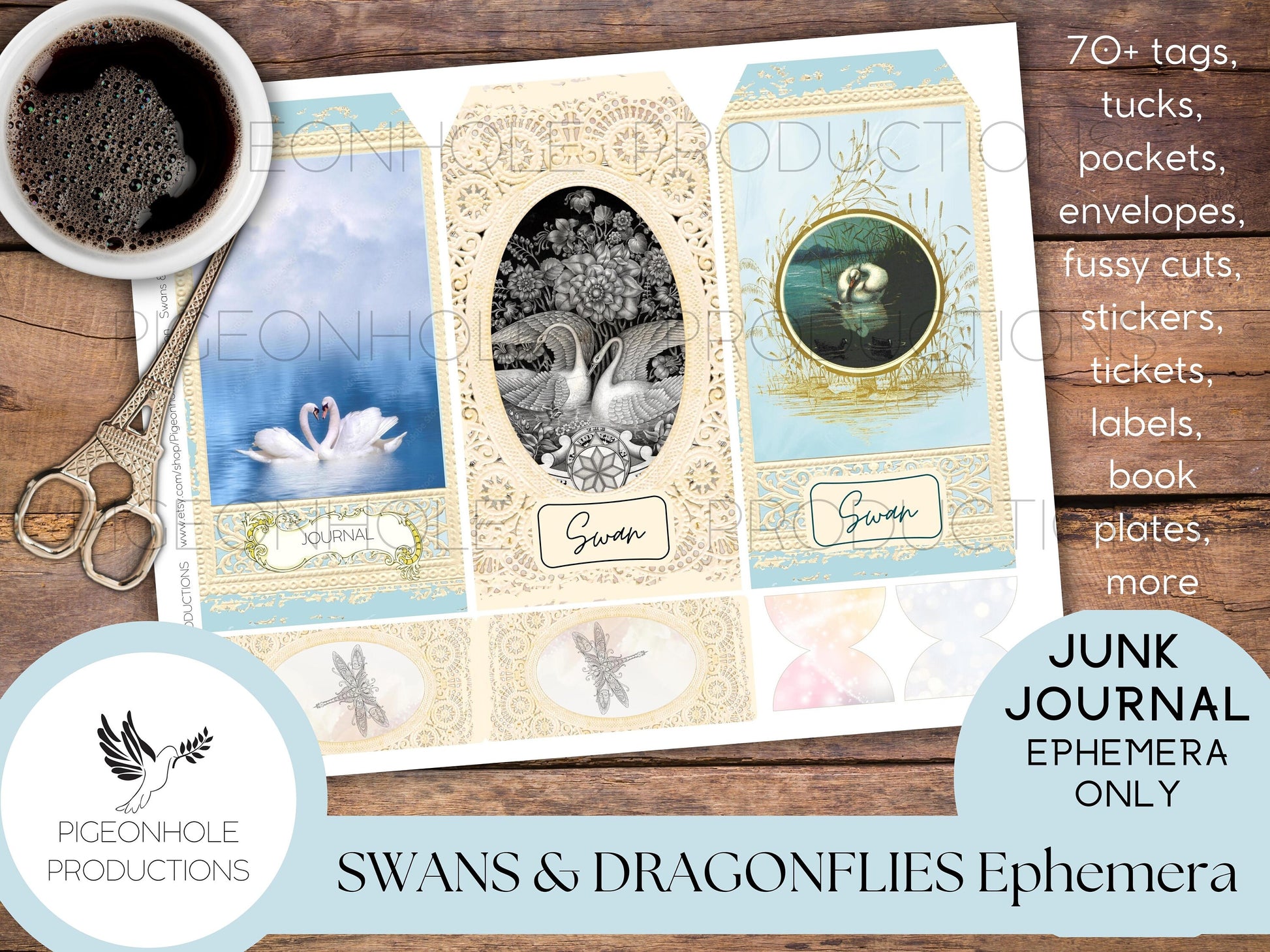 Swans & Dragonflies Junk Journal EPHEMERA—PRINTABLE—70+ tags, tucks, pockets, envelopes, fussy cuts, stickers, tickets, labels, book plates