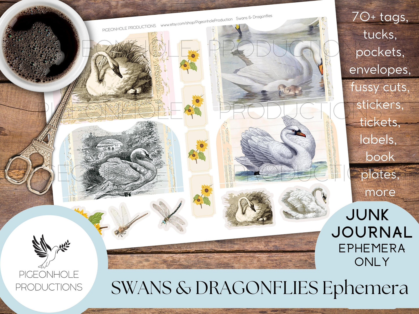 Swans & Dragonflies Junk Journal EPHEMERA—PRINTABLE—70+ tags, tucks, pockets, envelopes, fussy cuts, stickers, tickets, labels, book plates