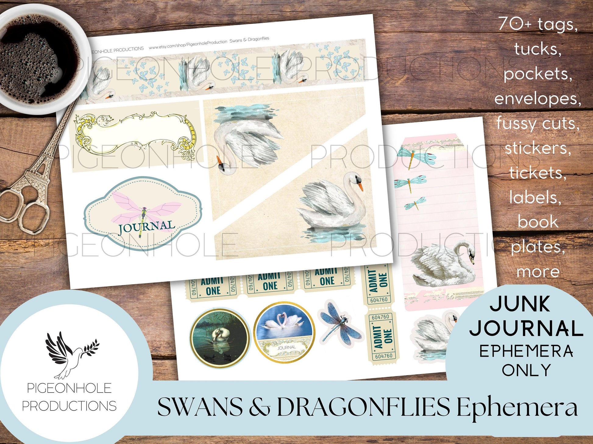 Swans & Dragonflies Junk Journal EPHEMERA—PRINTABLE—70+ tags, tucks, pockets, envelopes, fussy cuts, stickers, tickets, labels, book plates