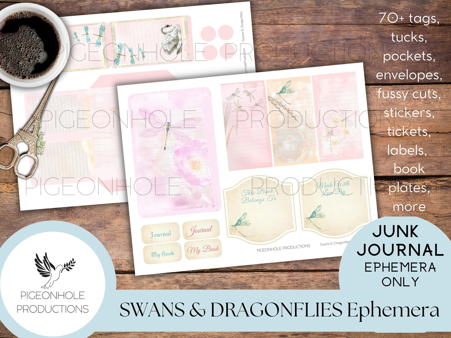 Swans & Dragonflies Junk Journal EPHEMERA—PRINTABLE—70+ tags, tucks, pockets, envelopes, fussy cuts, stickers, tickets, labels, book plates