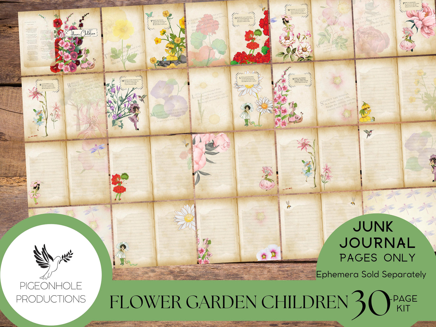 Flower Garden Children Junk Journal Kit—PRINTABLE—30 pages—features the 1910 art of M.T. (Penny) Ross—sweet fairy-type flower children