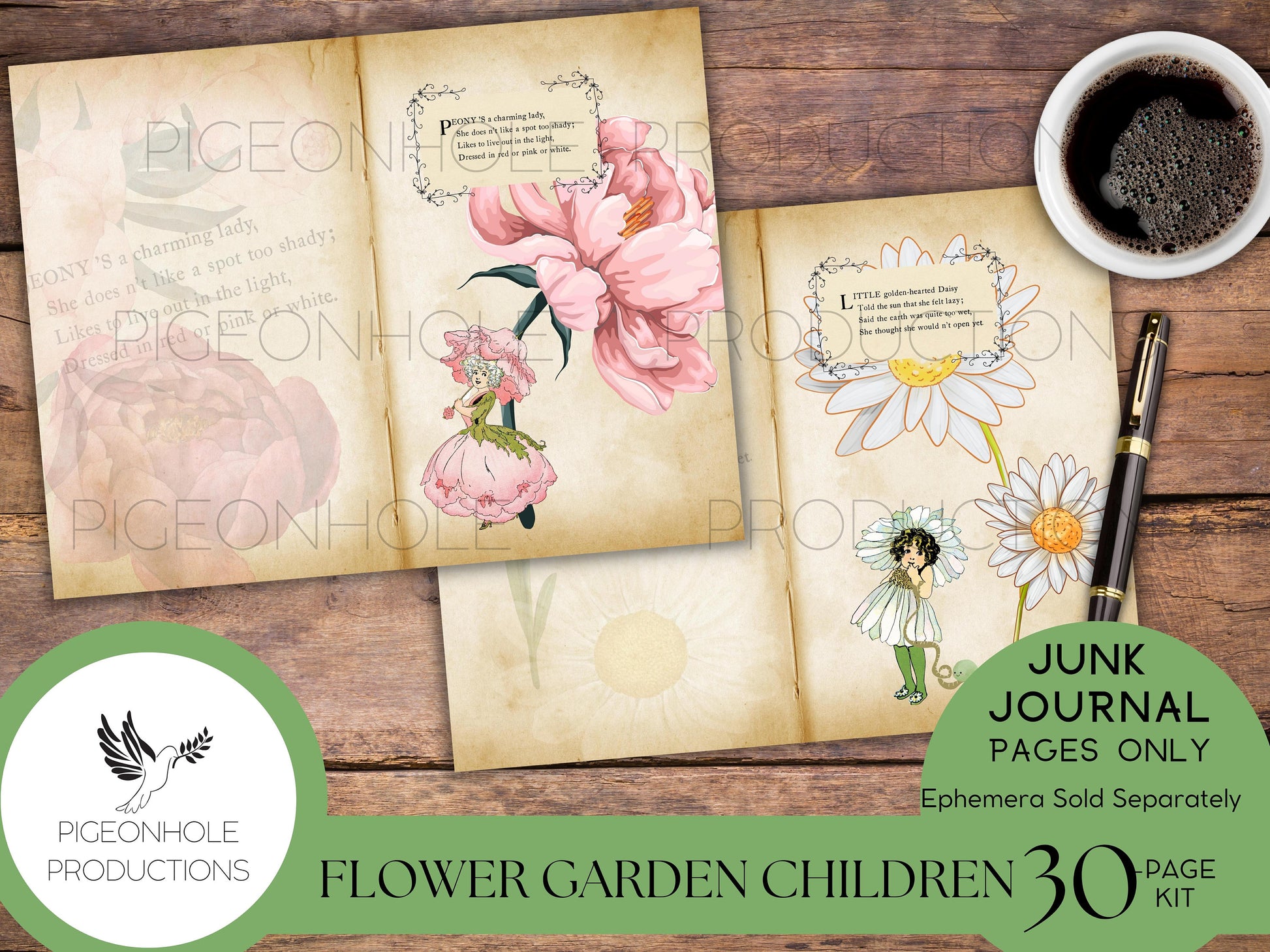 Flower Garden Children Junk Journal Kit—PRINTABLE—30 pages—features the 1910 art of M.T. (Penny) Ross—sweet fairy-type flower children