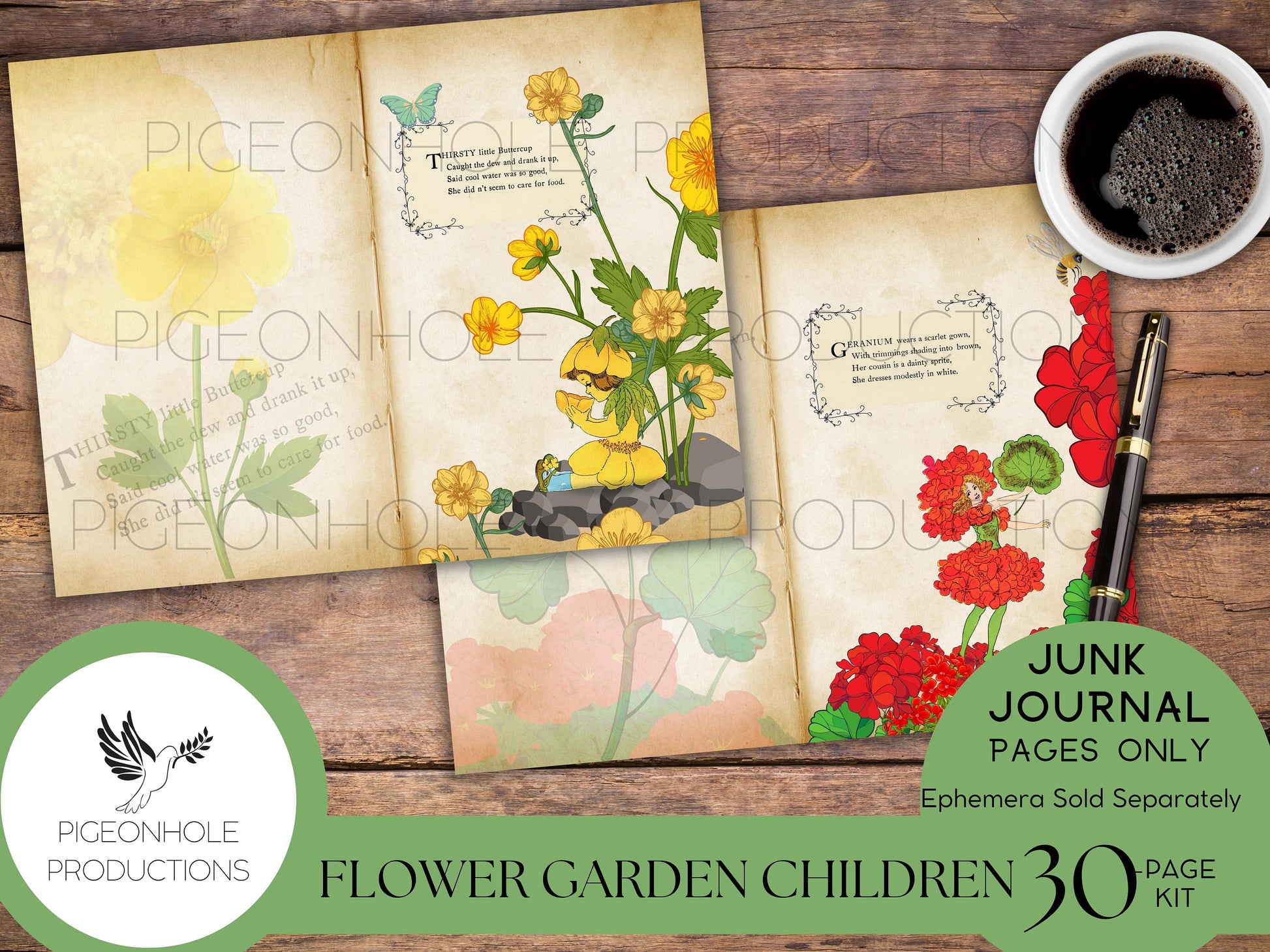 Flower Garden Children Junk Journal Kit—PRINTABLE—30 pages—features the 1910 art of M.T. (Penny) Ross—sweet fairy-type flower children