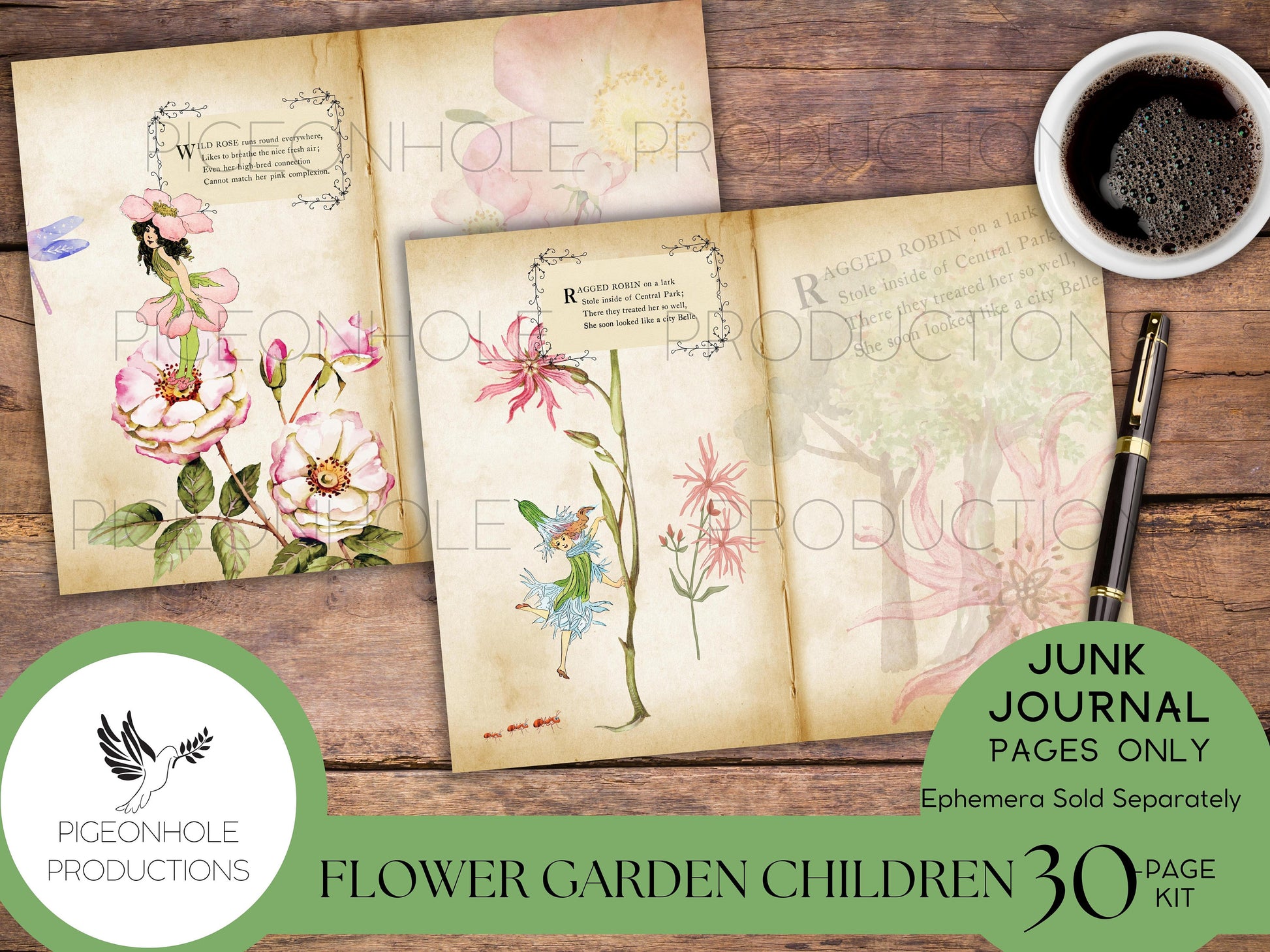 Flower Garden Children Junk Journal Kit—PRINTABLE—30 pages—features the 1910 art of M.T. (Penny) Ross—sweet fairy-type flower children