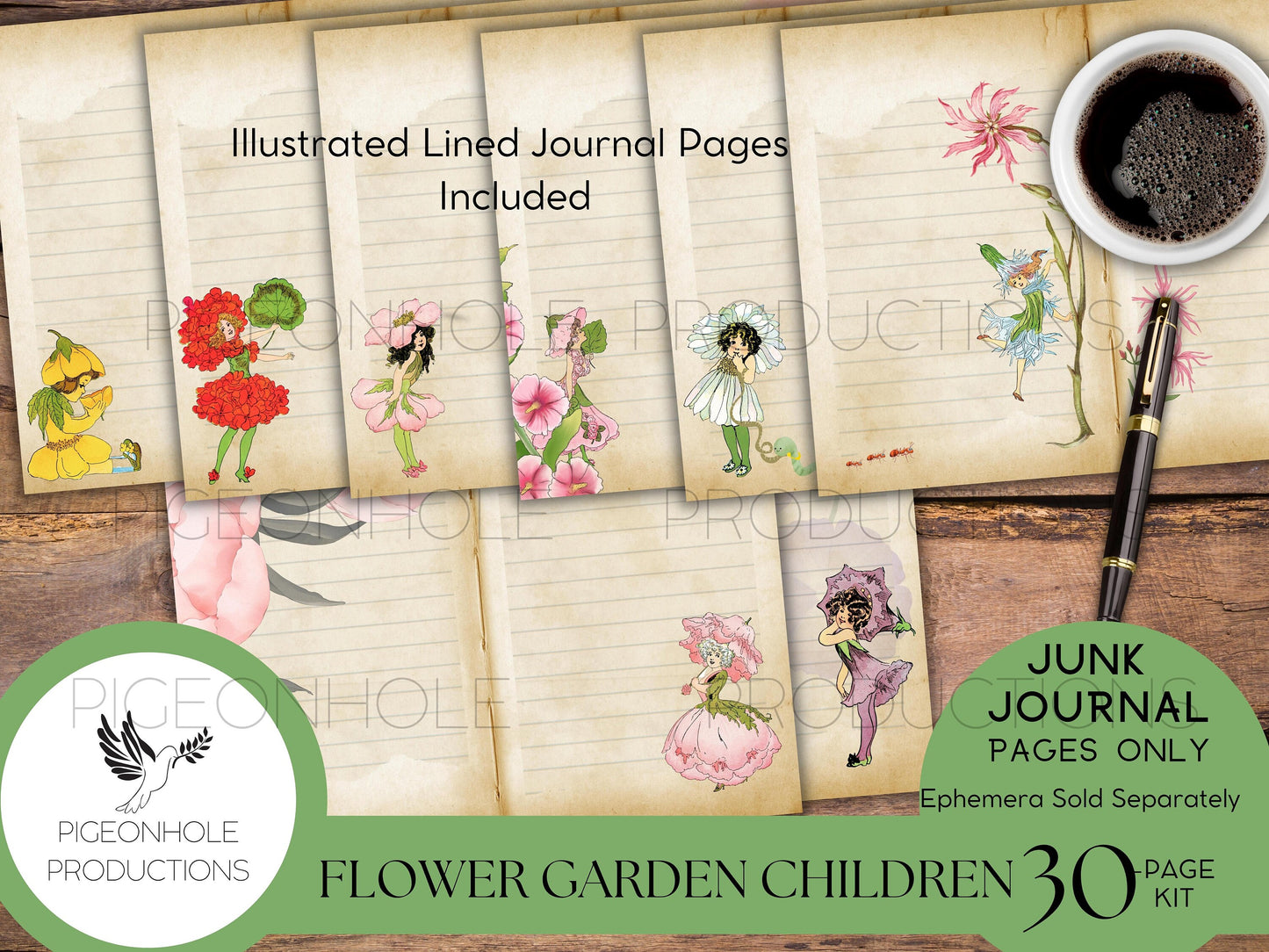 Flower Garden Children Junk Journal Kit—PRINTABLE—30 pages—features the 1910 art of M.T. (Penny) Ross—sweet fairy-type flower children