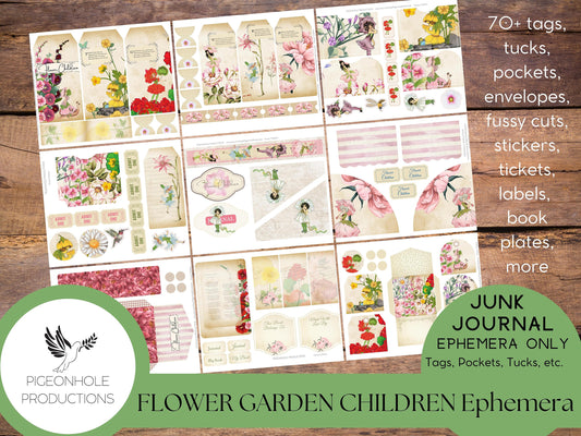 Flower Garden Children Junk Journal EPHEMERA—PRINTABLE—70+ tags, tucks, pockets, envelopes, fussy cuts/stickers, tickets, labels, bookplates