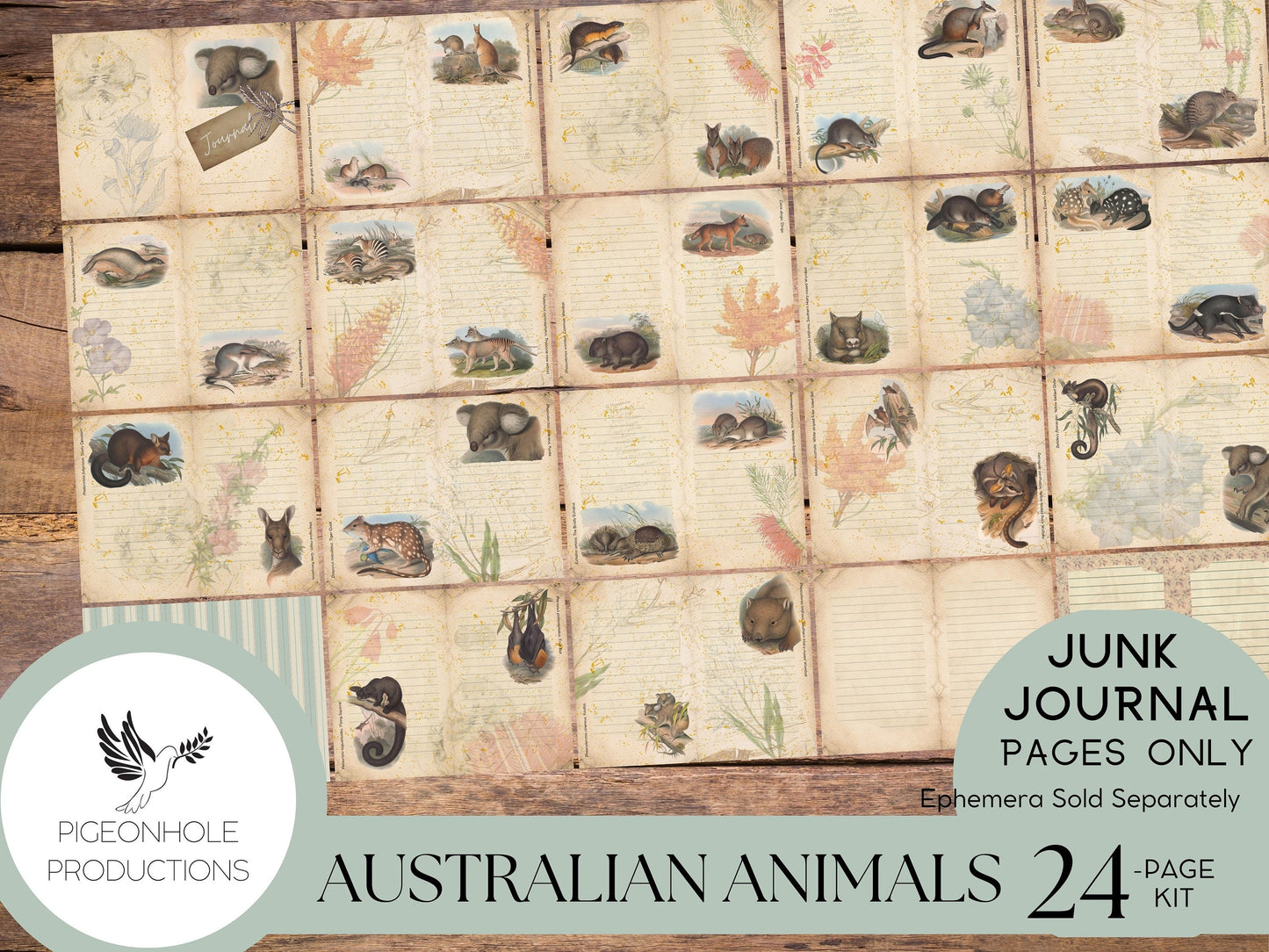 Australian Animals Junk Journal Pages Only, PRINTABLE, 24 pages, tribute to art of John & Elizabeth Gould, c. 1850, H.W. Richter lithos