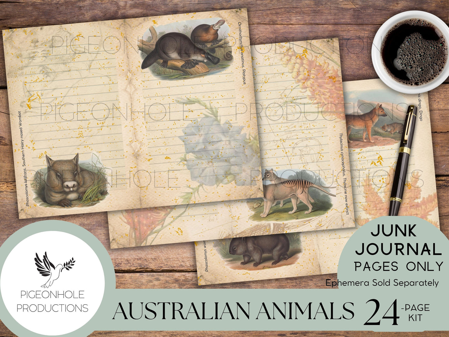 Australian Animals Junk Journal Pages Only, PRINTABLE, 24 pages, tribute to art of John & Elizabeth Gould, c. 1850, H.W. Richter lithos