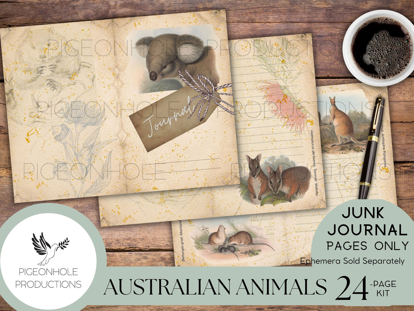 Australian Animals Junk Journal Pages Only, PRINTABLE, 24 pages, tribute to art of John & Elizabeth Gould, c. 1850, H.W. Richter lithos