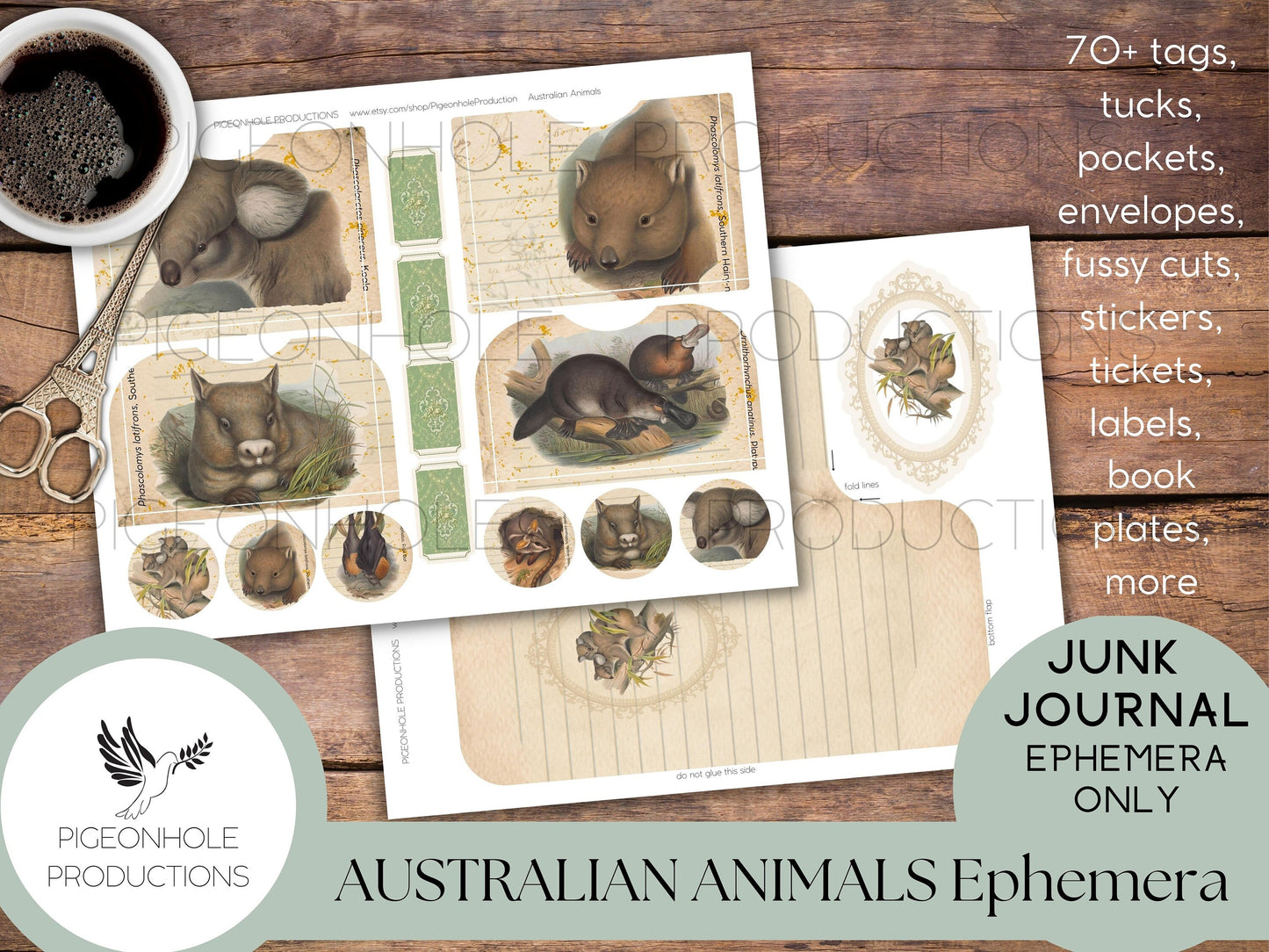 Australian Animals Junk Journal EPHEMERA, PRINTABLE, 70+ tags, tucks, pockets, envelopes, fussy cuts, stickers, tickets, labels, bookplates