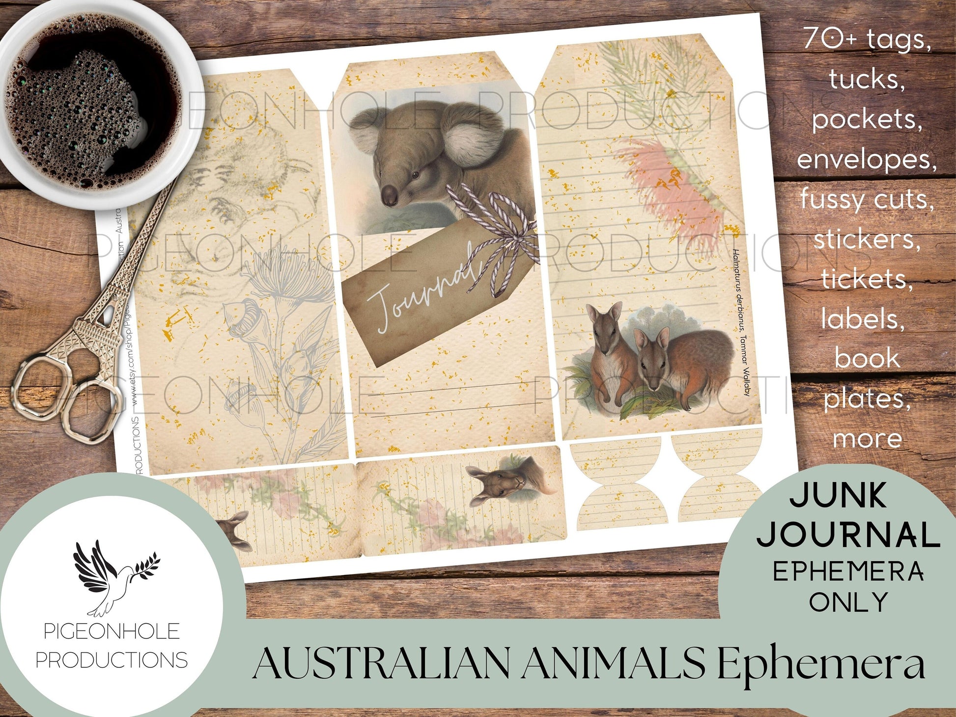 Australian Animals Junk Journal EPHEMERA, PRINTABLE, 70+ tags, tucks, pockets, envelopes, fussy cuts, stickers, tickets, labels, bookplates
