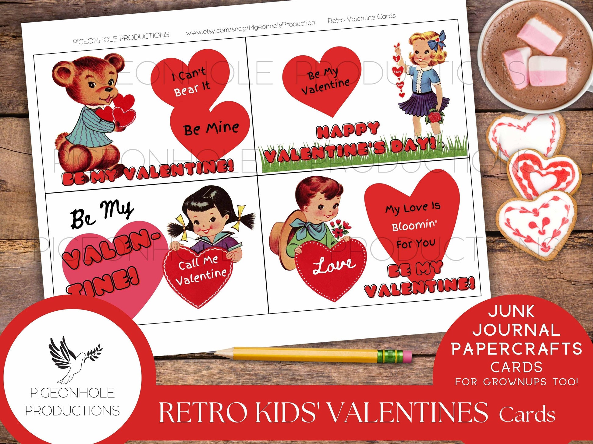 Retro Valentine Cards—PRINTABLE—24 cards—junk journals, papercrafts, card making—for kids & grownups—retro Valentine card pouch included