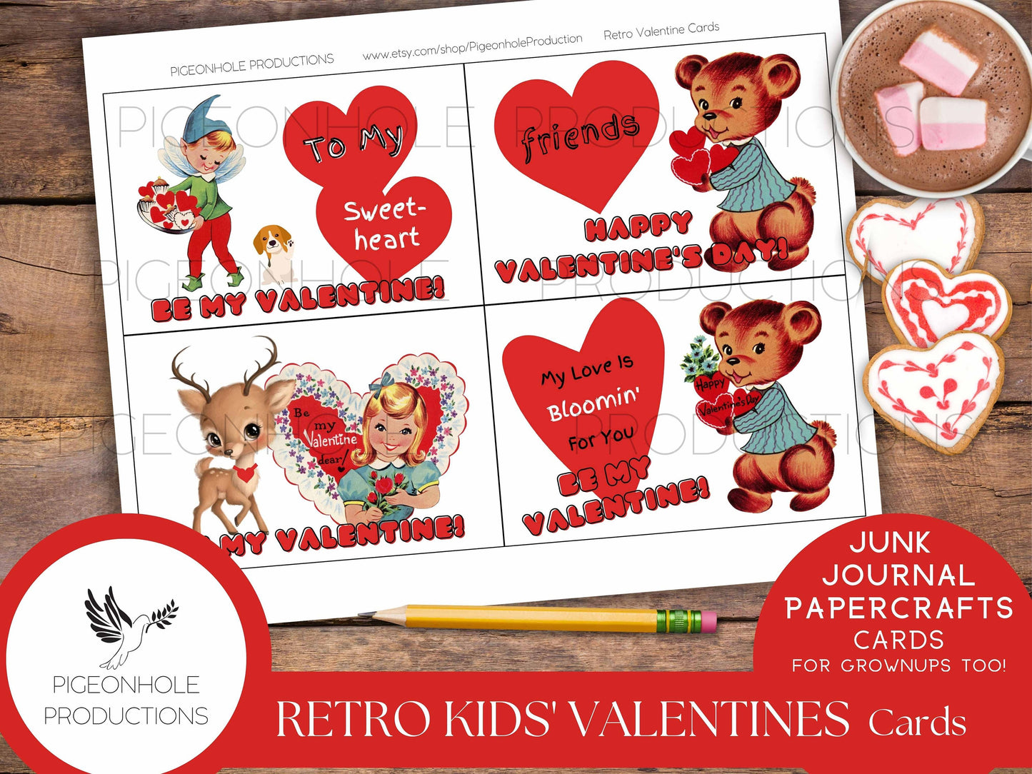 Retro Valentine Cards—PRINTABLE—24 cards—junk journals, papercrafts, card making—for kids & grownups—retro Valentine card pouch included