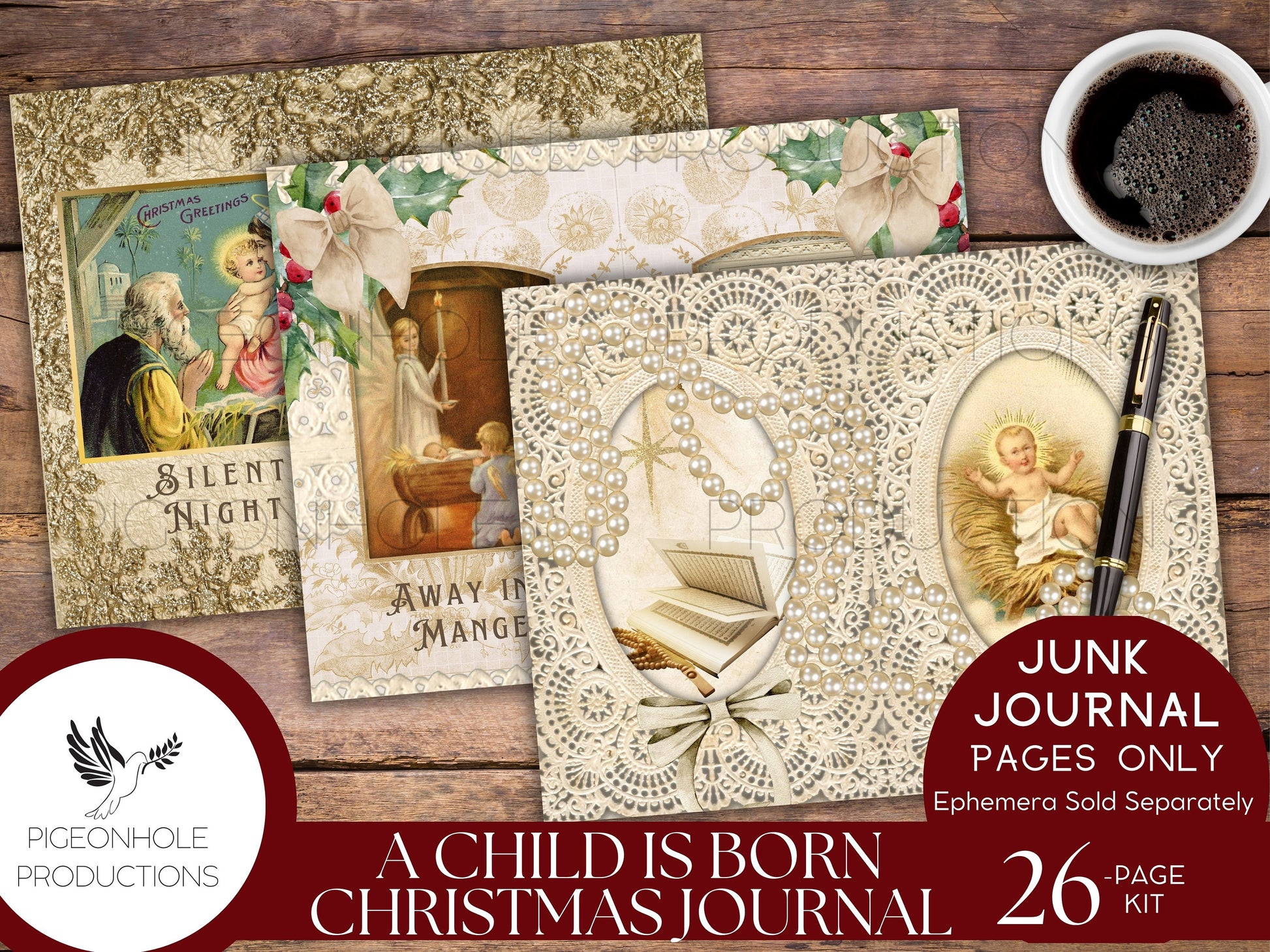 A Child Is Born Christmas Junk Journal Pages, PRINTABLE, 26 sheets, Nativity story of Jesus' birth, Mary & Joseph, Star of Bethlehem, Magi