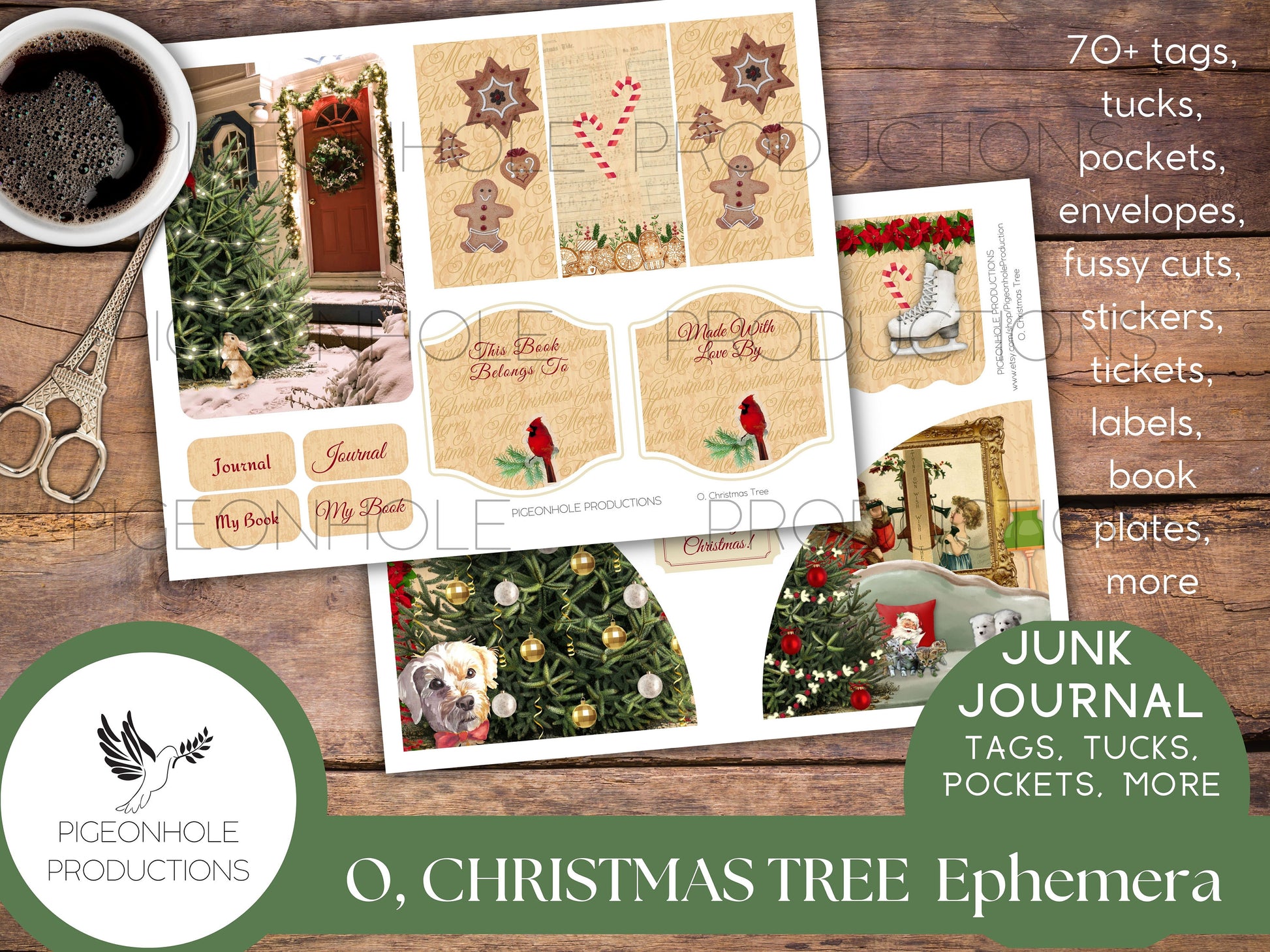 O, Christmas Tree Junk Journal PRINTABLE—70+ tags, tucks, pockets, envelopes, fussy cuts, stickers, tickets, labels, bookplates