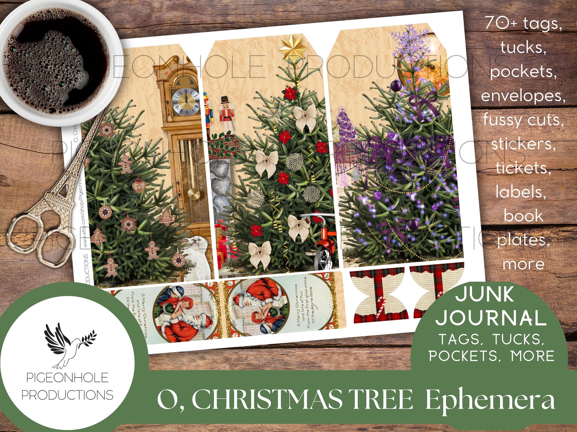 O, Christmas Tree Junk Journal PRINTABLE—70+ tags, tucks, pockets, envelopes, fussy cuts, stickers, tickets, labels, bookplates