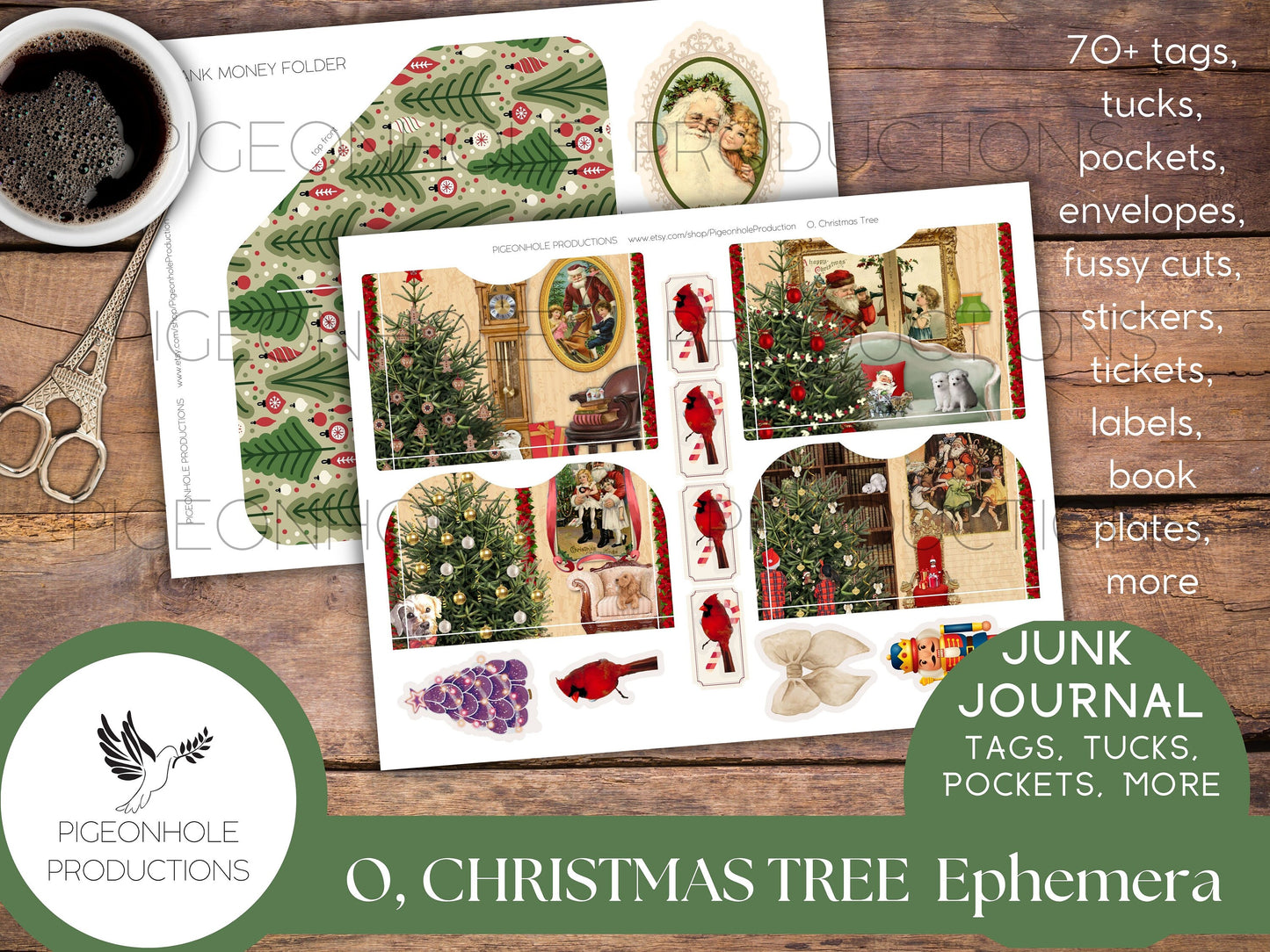 O, Christmas Tree Junk Journal PRINTABLE—70+ tags, tucks, pockets, envelopes, fussy cuts, stickers, tickets, labels, bookplates