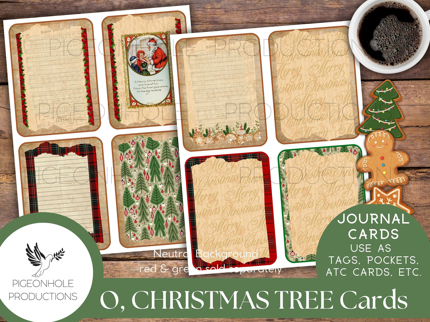 O, Christmas Tree Junk Journal Cards—PRINTABLE—32 cards—use for journal cards, ephemera, scrapbooking, decoupage, ATC, greeting cards, more