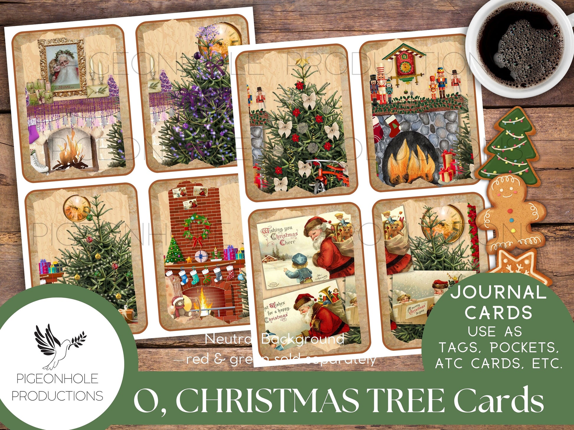 O, Christmas Tree Junk Journal Cards—PRINTABLE—32 cards—use for journal cards, ephemera, scrapbooking, decoupage, ATC, greeting cards, more