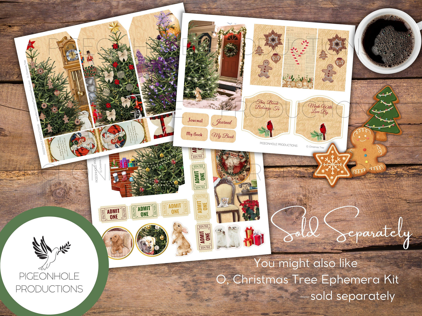 O, Christmas Tree Junk Journal Cards—PRINTABLE—32 cards—use for journal cards, ephemera, scrapbooking, decoupage, ATC, greeting cards, more