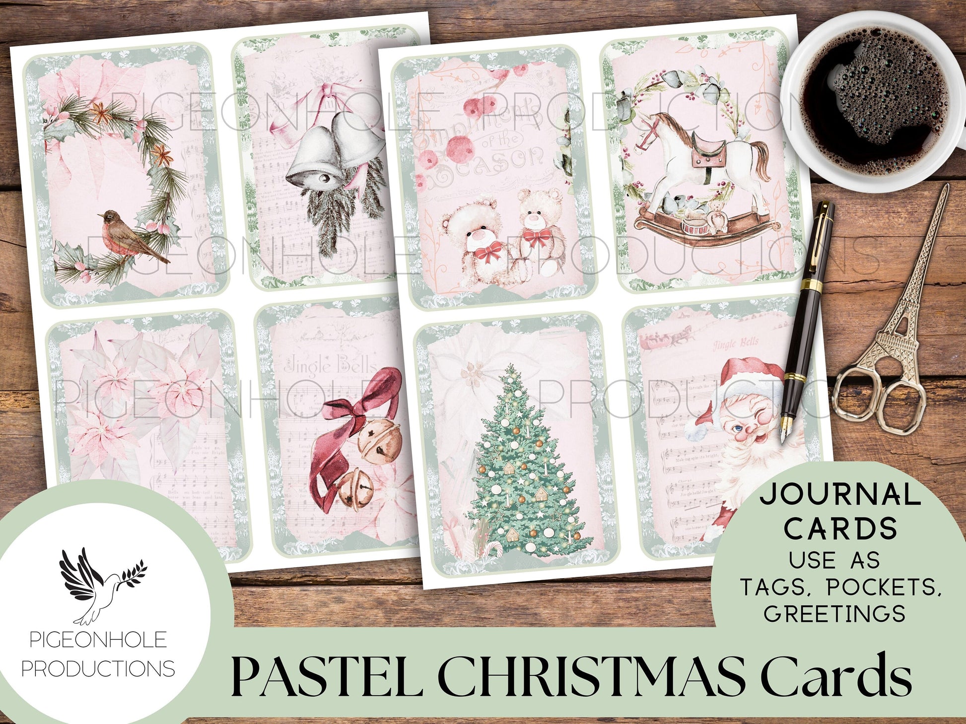 36 Pastel Christmas Junk Journal Cards, PRINTABLE, for junk journals, traditional journals, card making, other paper crafts, PASTEL PINK!