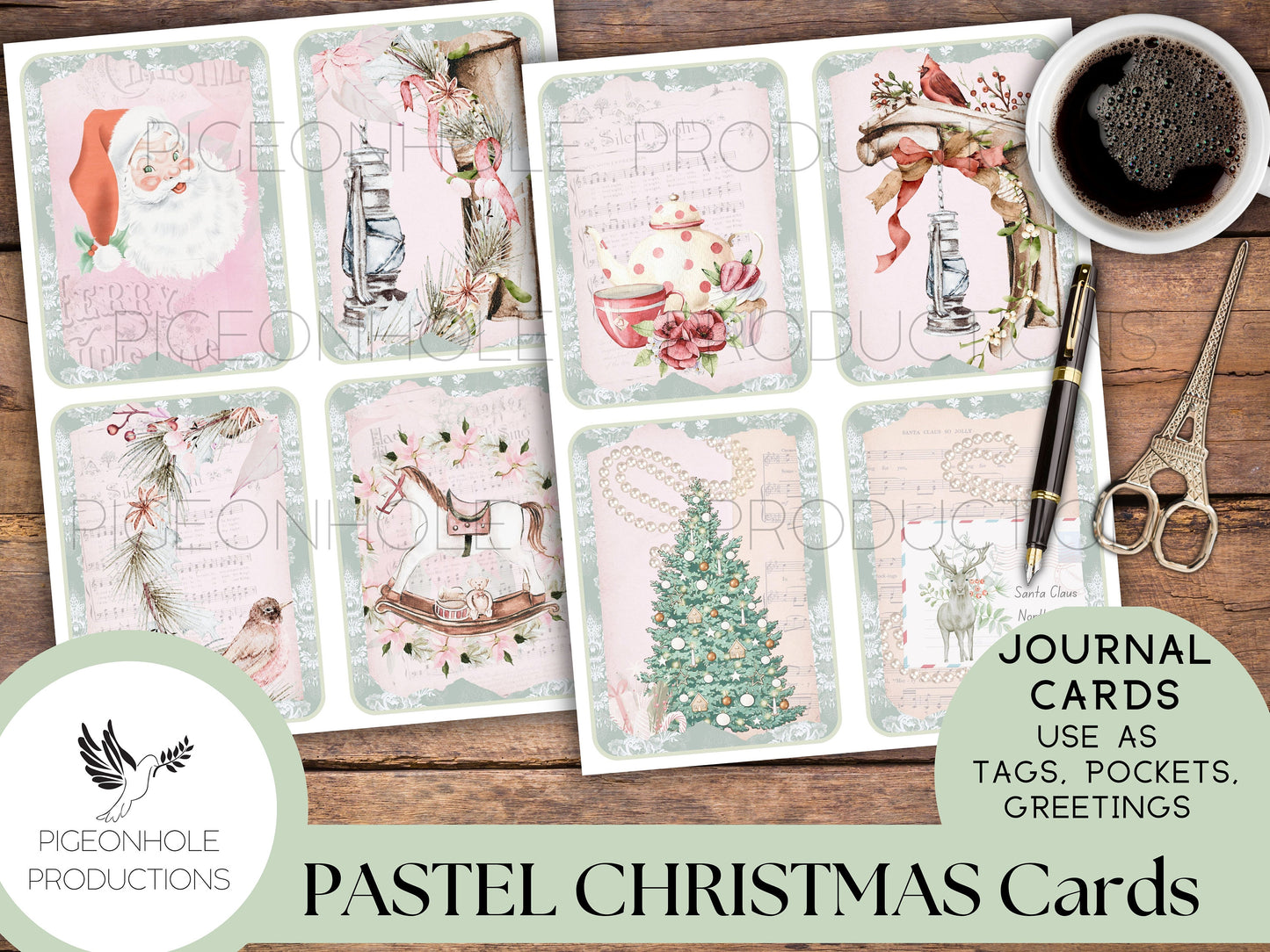 36 Pastel Christmas Junk Journal Cards, PRINTABLE, for junk journals, traditional journals, card making, other paper crafts, PASTEL PINK!