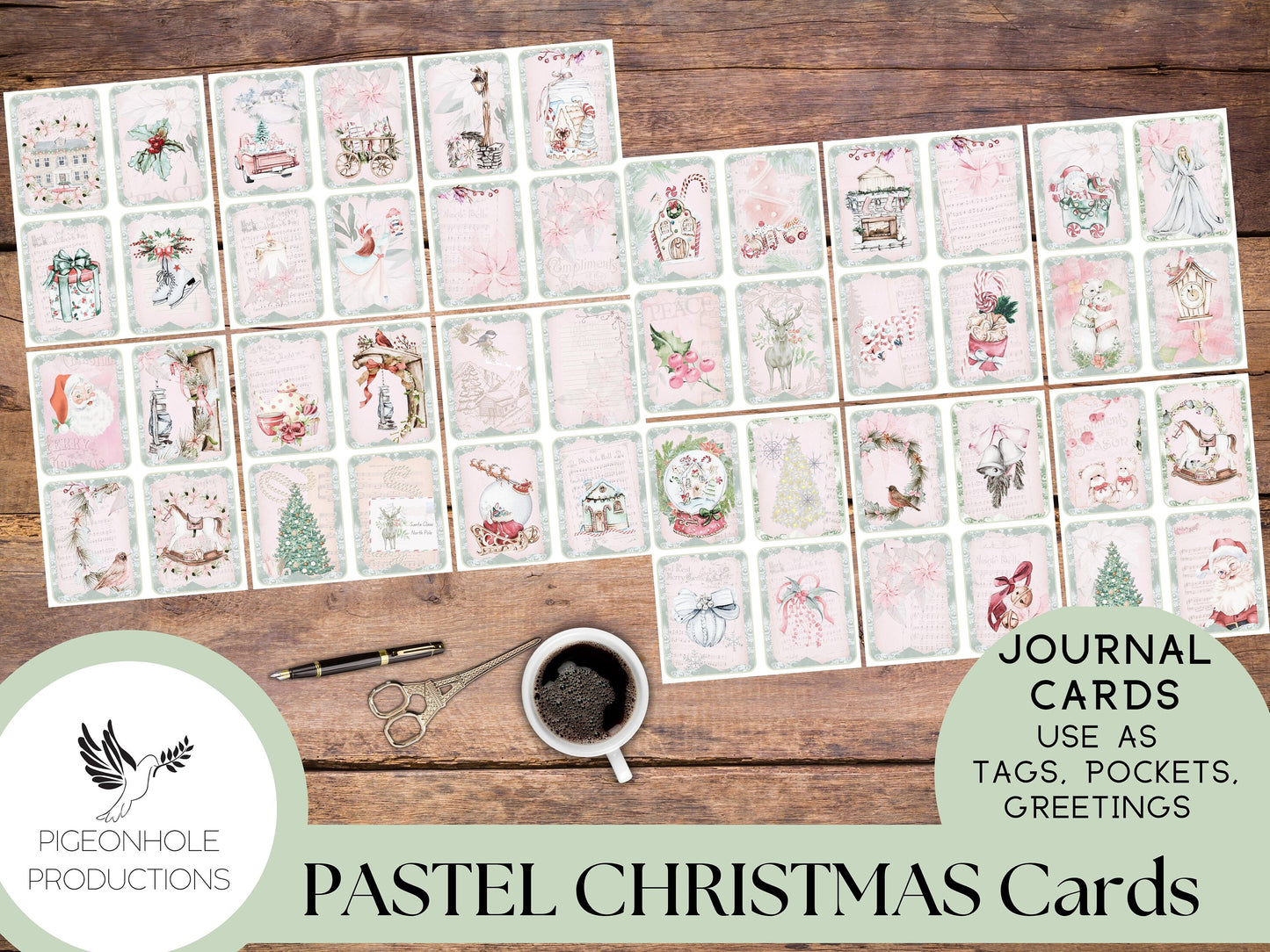 36 Pastel Christmas Junk Journal Cards, PRINTABLE, for junk journals, traditional journals, card making, other paper crafts, PASTEL PINK!