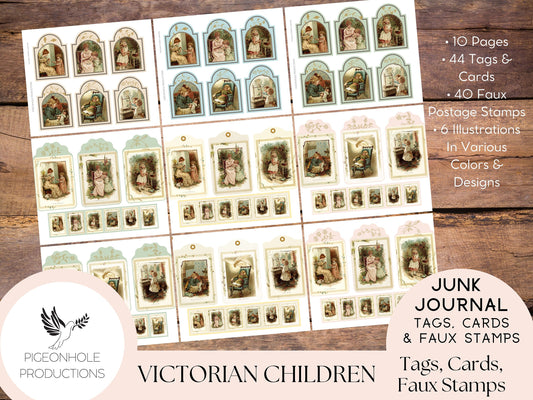 Victorian Children Junk Journal Tags, Cards, Faux Postage Stamps—PRINTABLE—44 cards/tags, 40 stamps—sweet children—beautiful illustrations