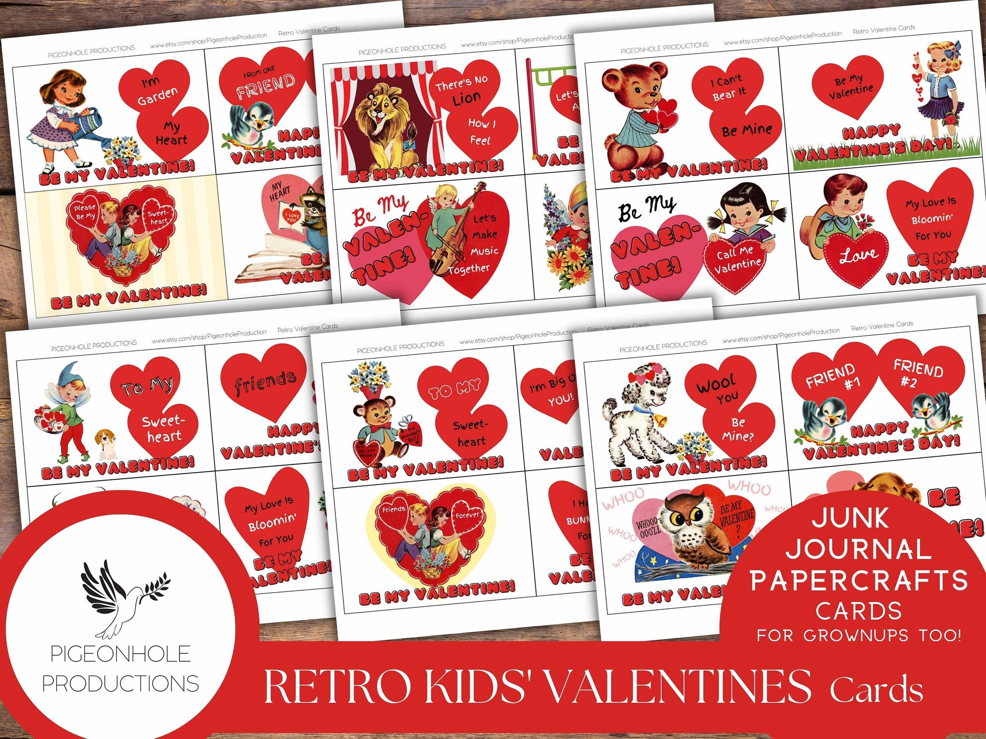 Retro Valentine Cards—PRINTABLE—24 cards—junk journals, papercrafts, card making—for kids & grownups—retro Valentine card pouch included