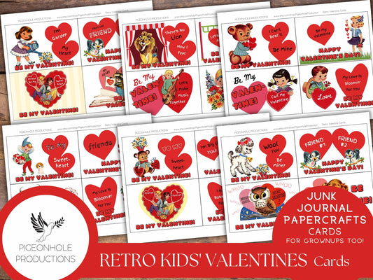 Retro Valentine Cards—PRINTABLE—24 cards—junk journals, papercrafts, card making—for kids & grownups—retro Valentine card pouch included