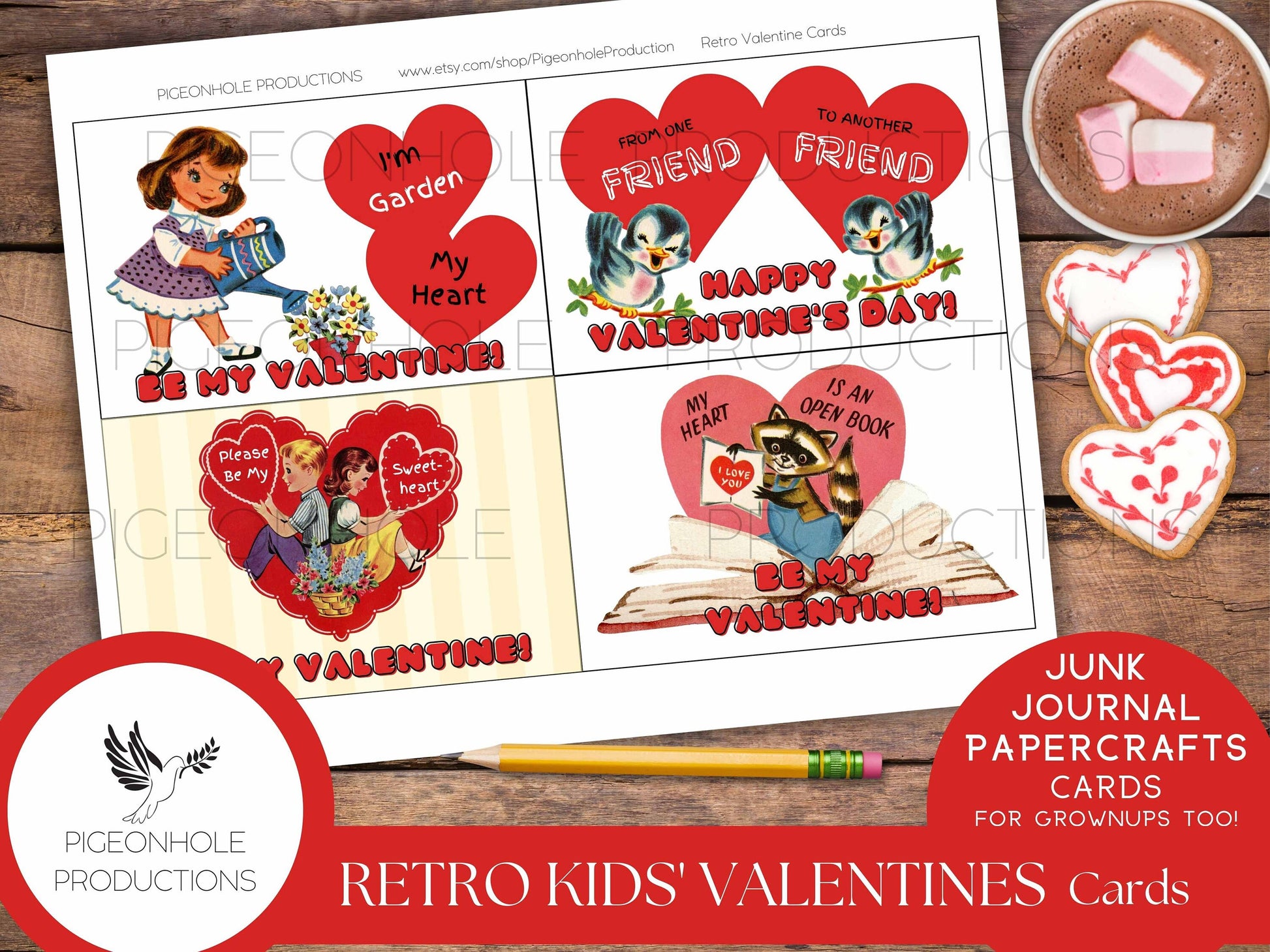 Retro Valentine Cards—PRINTABLE—24 cards—junk journals, papercrafts, card making—for kids & grownups—retro Valentine card pouch included