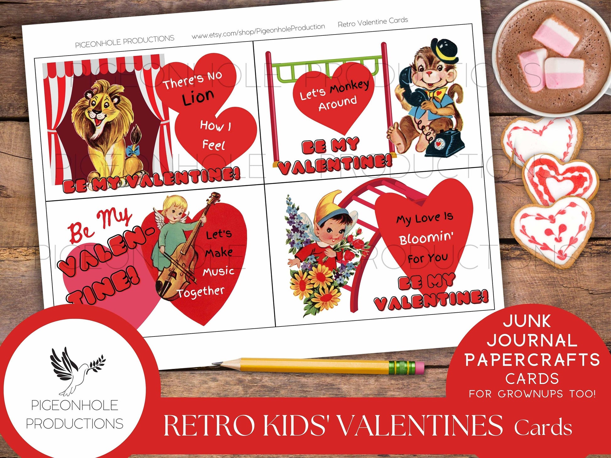 Retro Valentine Cards—PRINTABLE—24 cards—junk journals, papercrafts, card making—for kids & grownups—retro Valentine card pouch included