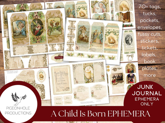 A Child Is Born Christmas Junk Journal PRINTABLE, 70+ tags, tucks, pockets, envelopes, fussy cuts, stickers, tickets, labels, bookplates