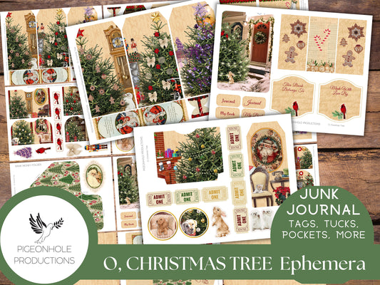 O, Christmas Tree Junk Journal PRINTABLE—70+ tags, tucks, pockets, envelopes, fussy cuts, stickers, tickets, labels, bookplates