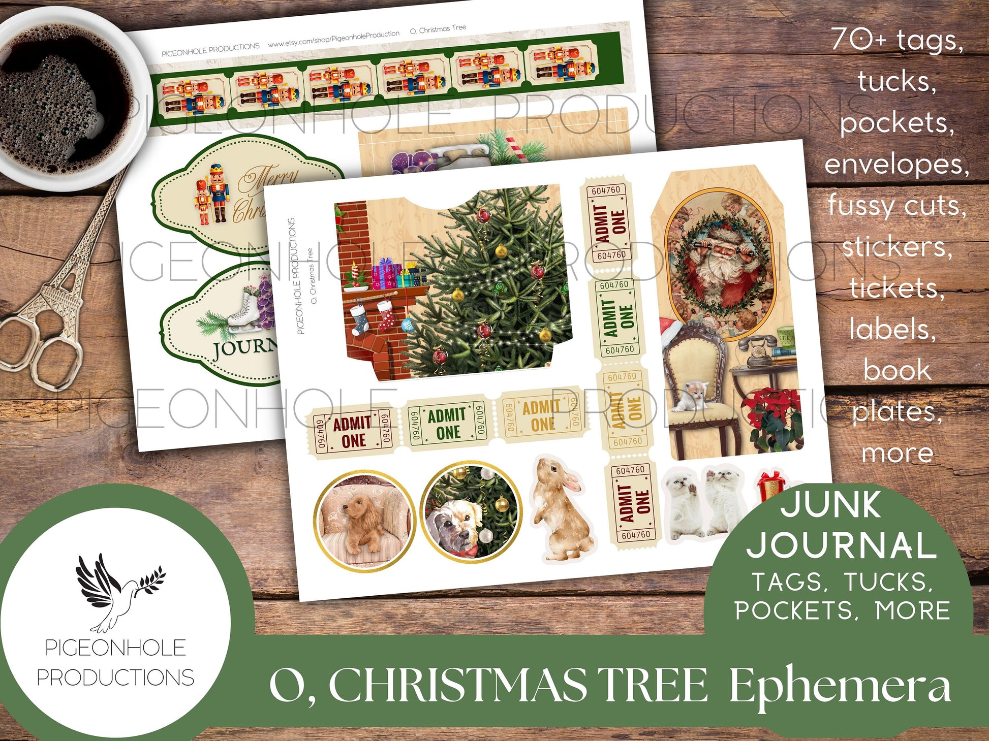 O, Christmas Tree Junk Journal PRINTABLE—70+ tags, tucks, pockets, envelopes, fussy cuts, stickers, tickets, labels, bookplates