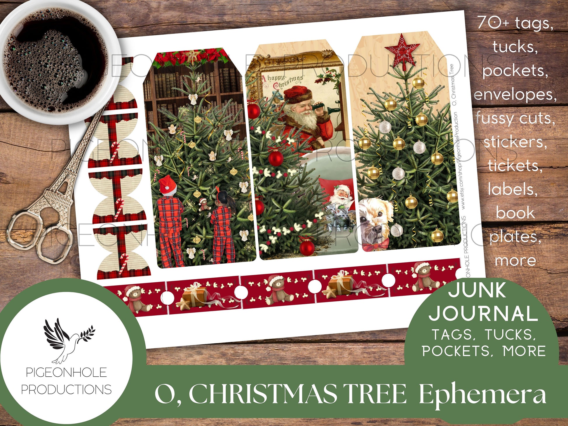 O, Christmas Tree Junk Journal PRINTABLE—70+ tags, tucks, pockets, envelopes, fussy cuts, stickers, tickets, labels, bookplates