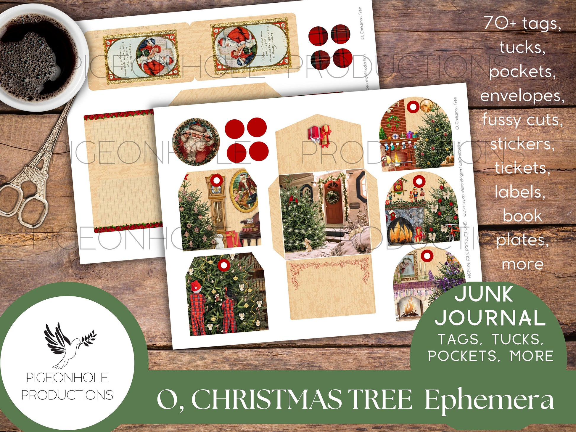 O, Christmas Tree Junk Journal PRINTABLE—70+ tags, tucks, pockets, envelopes, fussy cuts, stickers, tickets, labels, bookplates