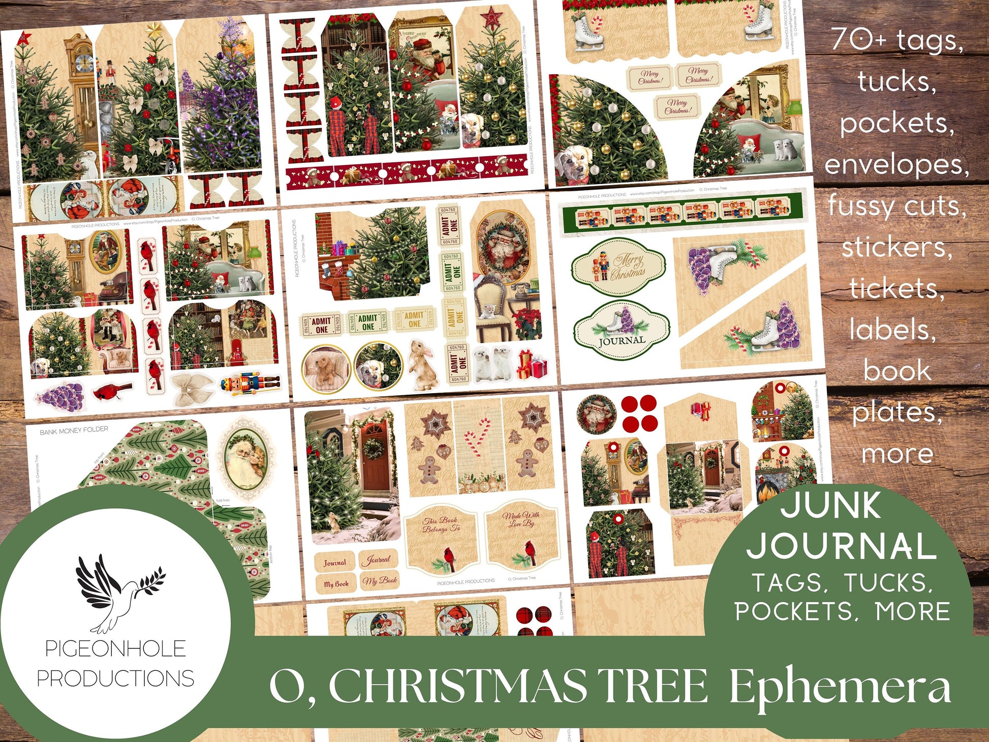 O, Christmas Tree Junk Journal PRINTABLE—70+ tags, tucks, pockets, envelopes, fussy cuts, stickers, tickets, labels, bookplates