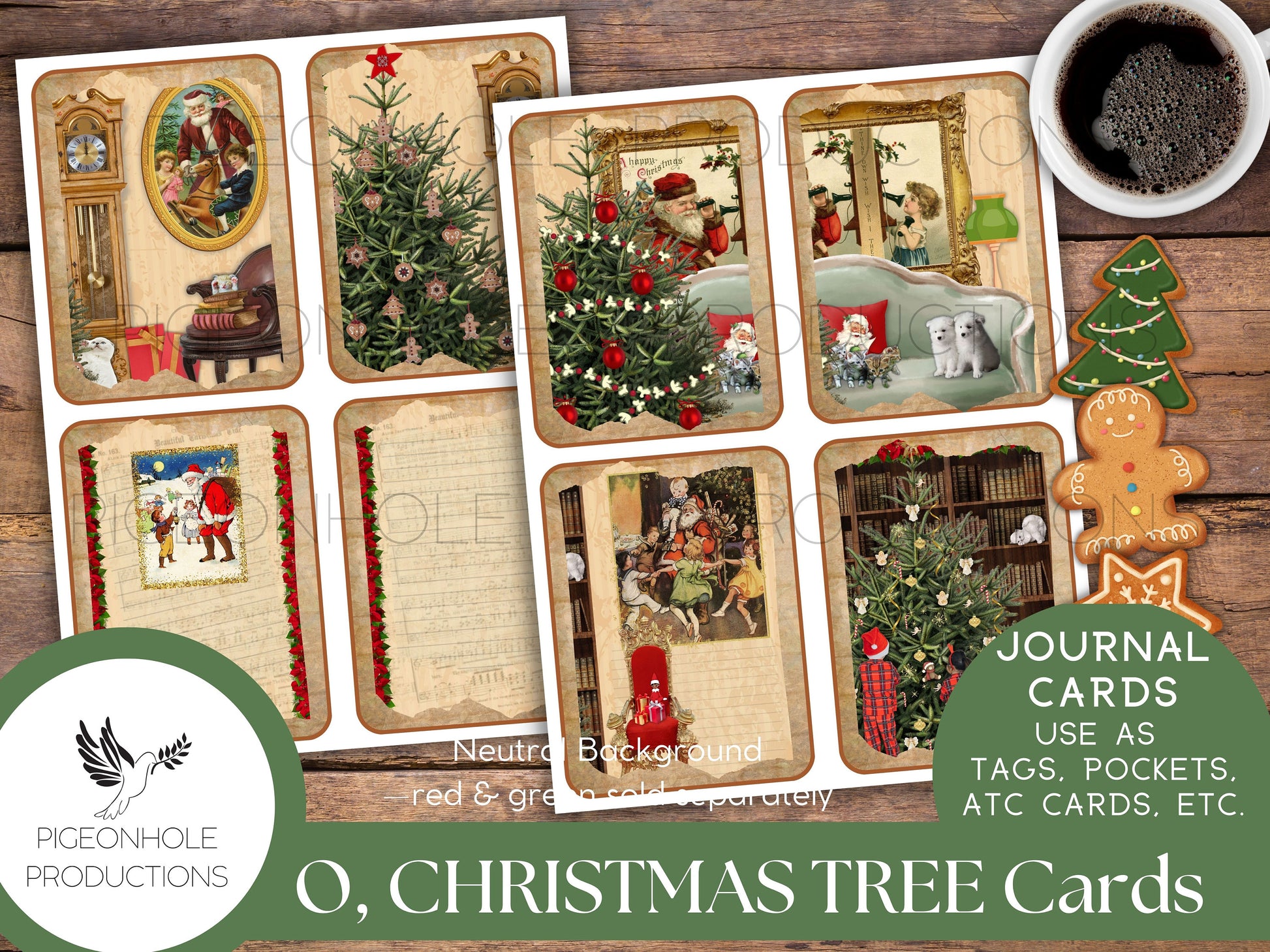 O, Christmas Tree Junk Journal Cards—PRINTABLE—32 cards—use for journal cards, ephemera, scrapbooking, decoupage, ATC, greeting cards, more