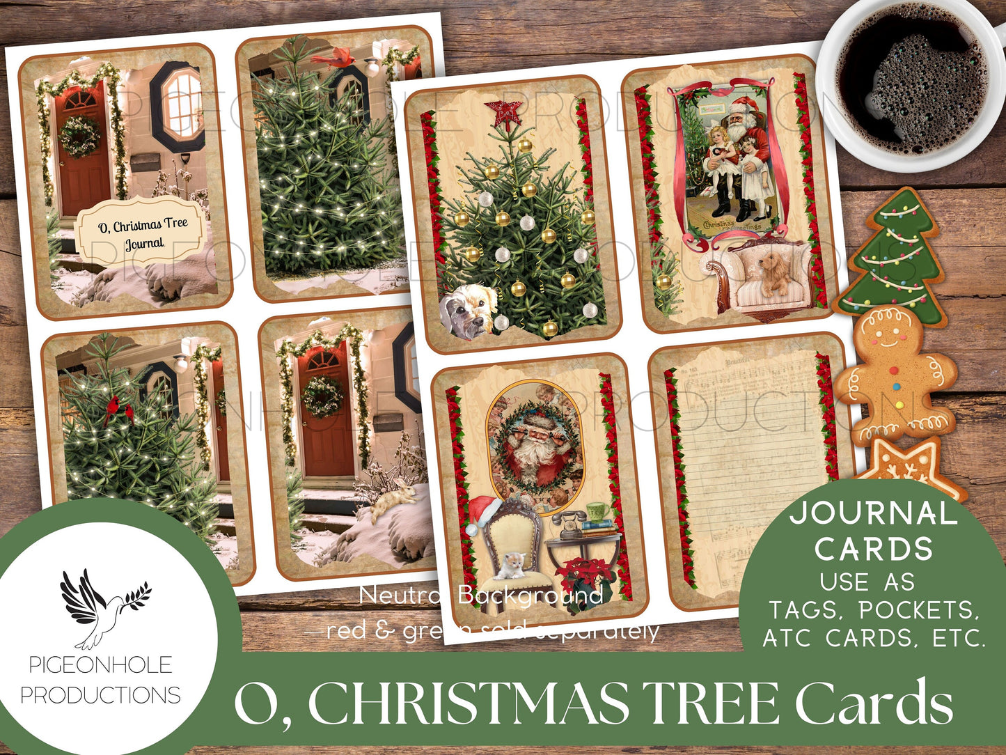 O, Christmas Tree Junk Journal Cards—PRINTABLE—32 cards—use for journal cards, ephemera, scrapbooking, decoupage, ATC, greeting cards, more