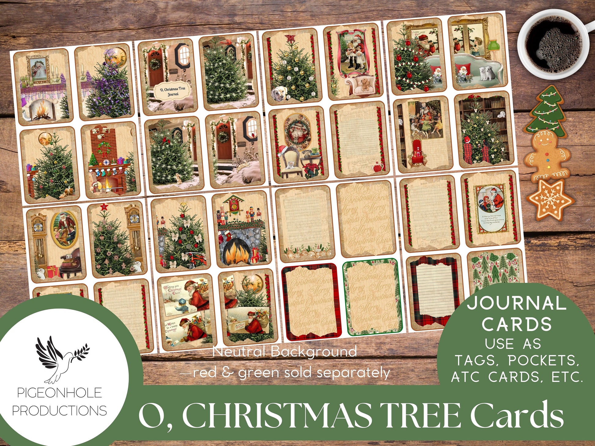 O, Christmas Tree Junk Journal Cards—PRINTABLE—32 cards—use for journal cards, ephemera, scrapbooking, decoupage, ATC, greeting cards, more