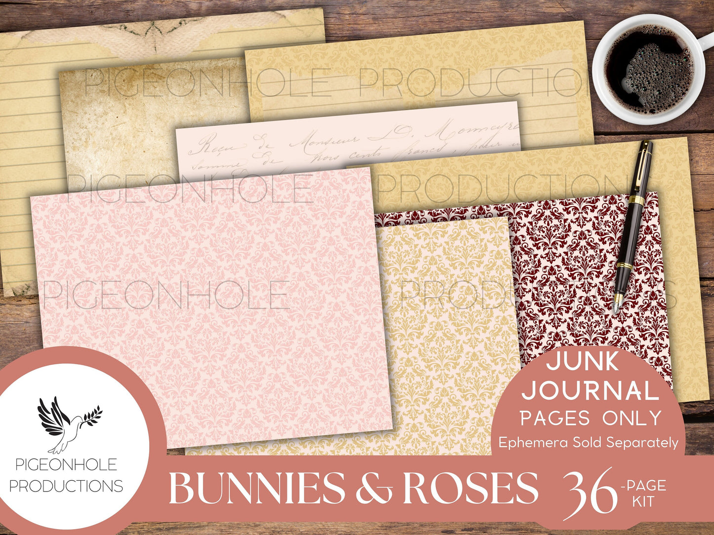 Bunnies & Roses Junk Journal Pages, PRINTABLE, 36 sheets of decorative pages, background papers and lined journal pages—beautiful images!