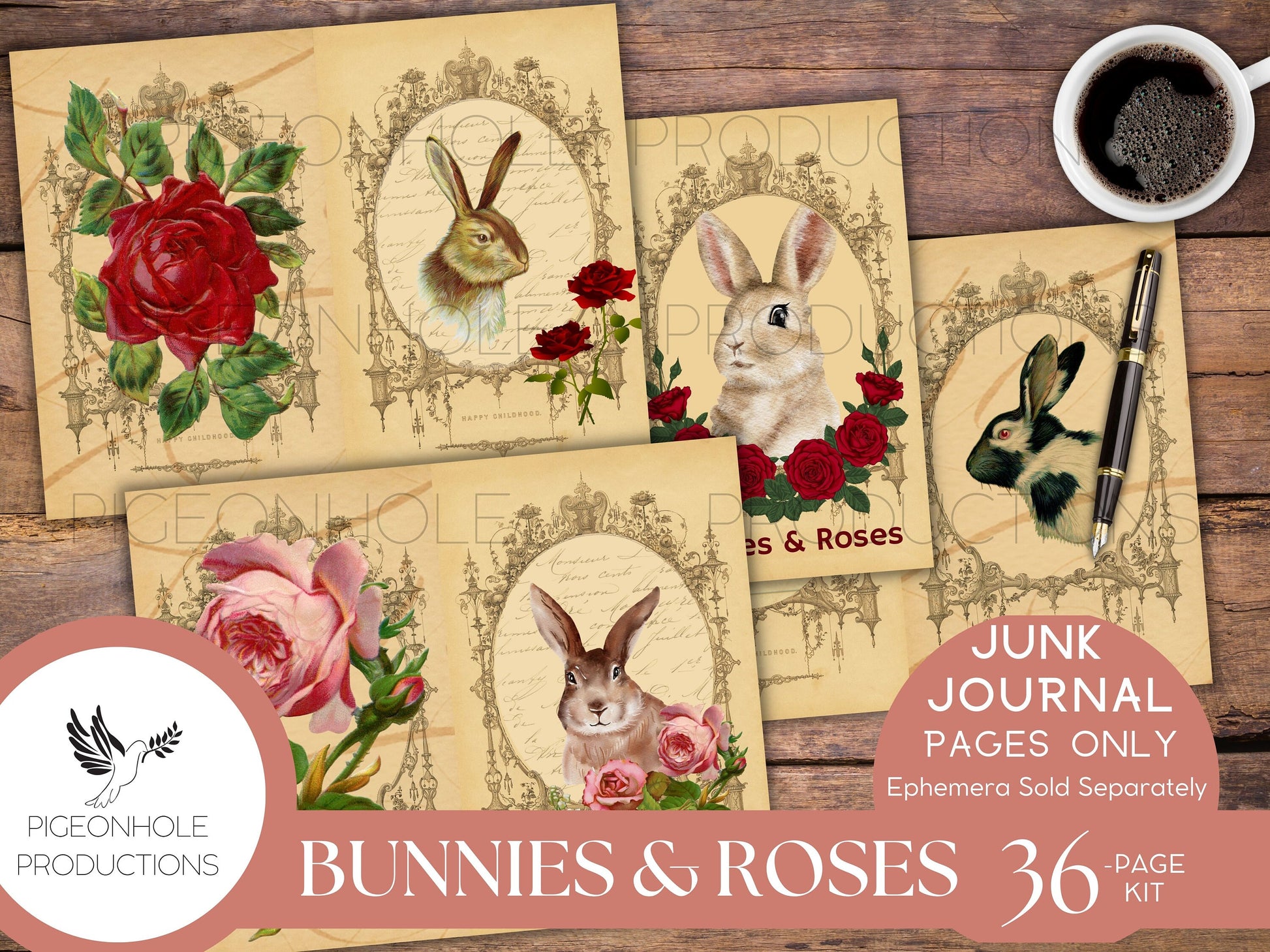 Bunnies & Roses Junk Journal Pages, PRINTABLE, 36 sheets of decorative pages, background papers and lined journal pages—beautiful images!