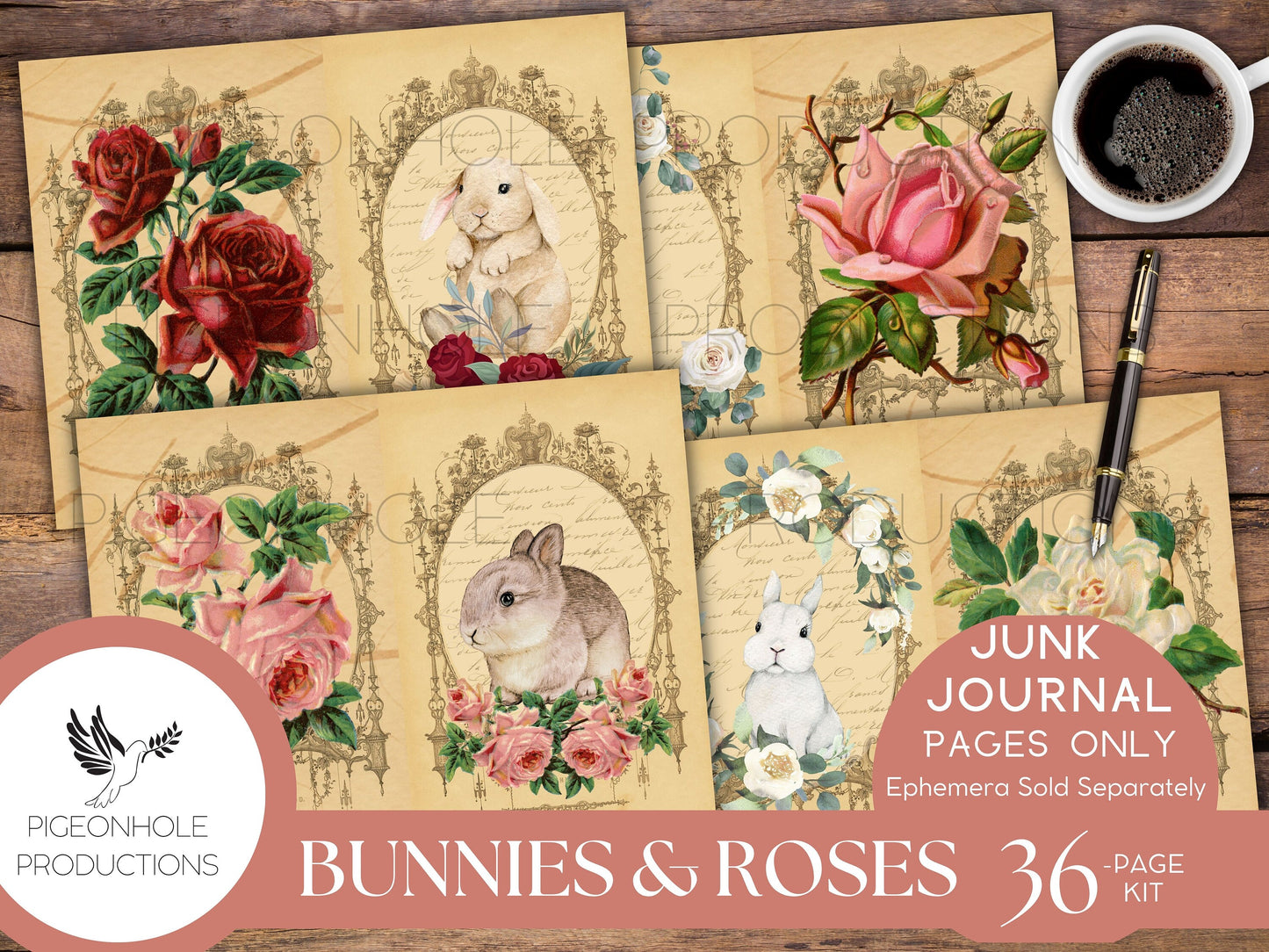 Bunnies & Roses Junk Journal Pages, PRINTABLE, 36 sheets of decorative pages, background papers and lined journal pages—beautiful images!