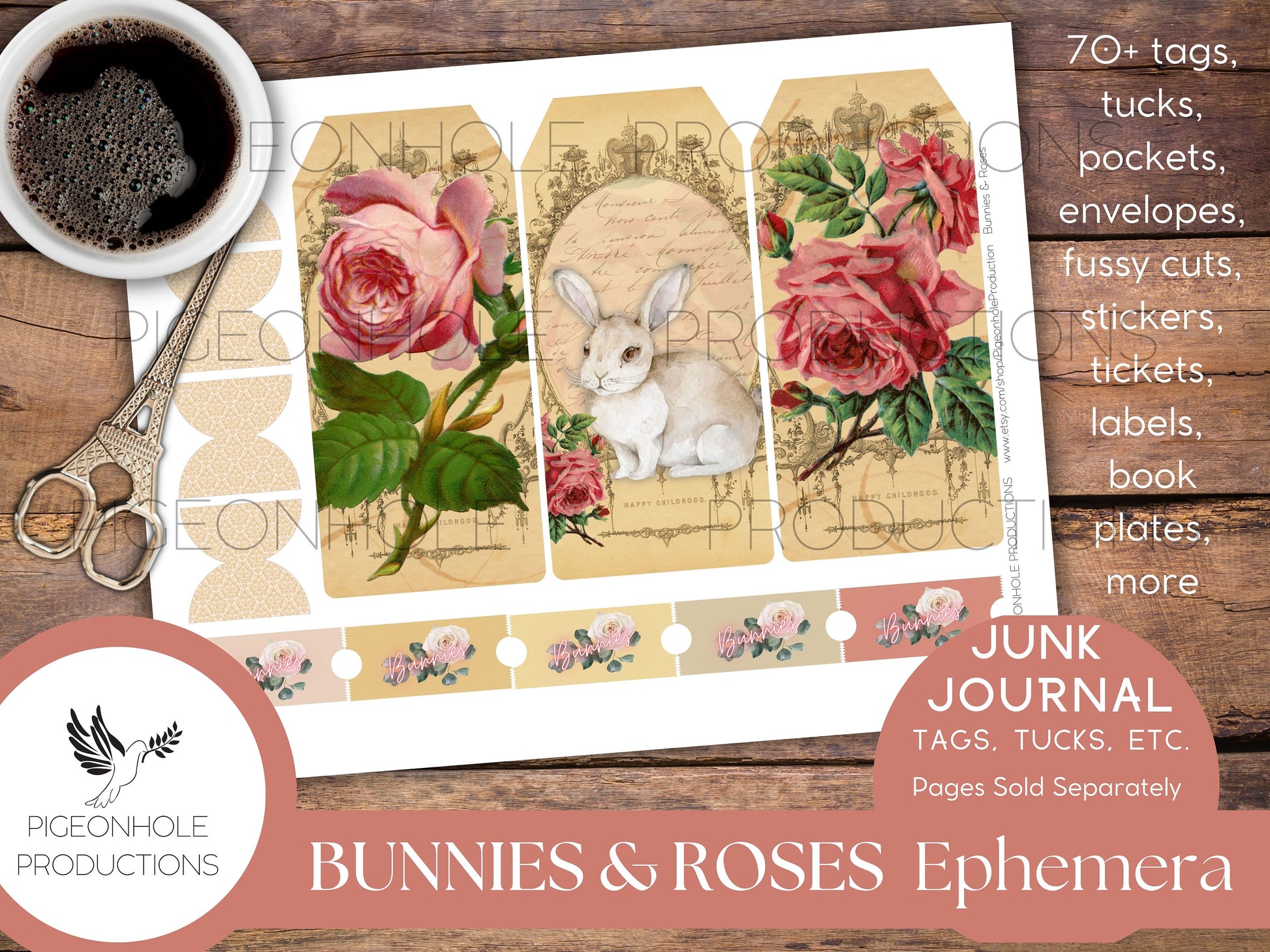 Bunnies & Roses Junk Journal EPHEMERA—PRINTABLE—70+ tags, tucks, pockets, envelopes, fussy cuts, stickers, tickets, labels, bookplates