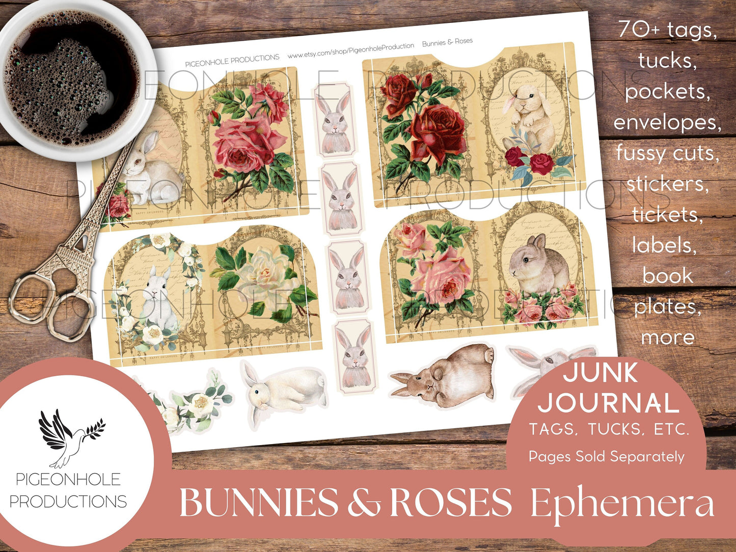 Bunnies & Roses Junk Journal EPHEMERA—PRINTABLE—70+ tags, tucks, pockets, envelopes, fussy cuts, stickers, tickets, labels, bookplates